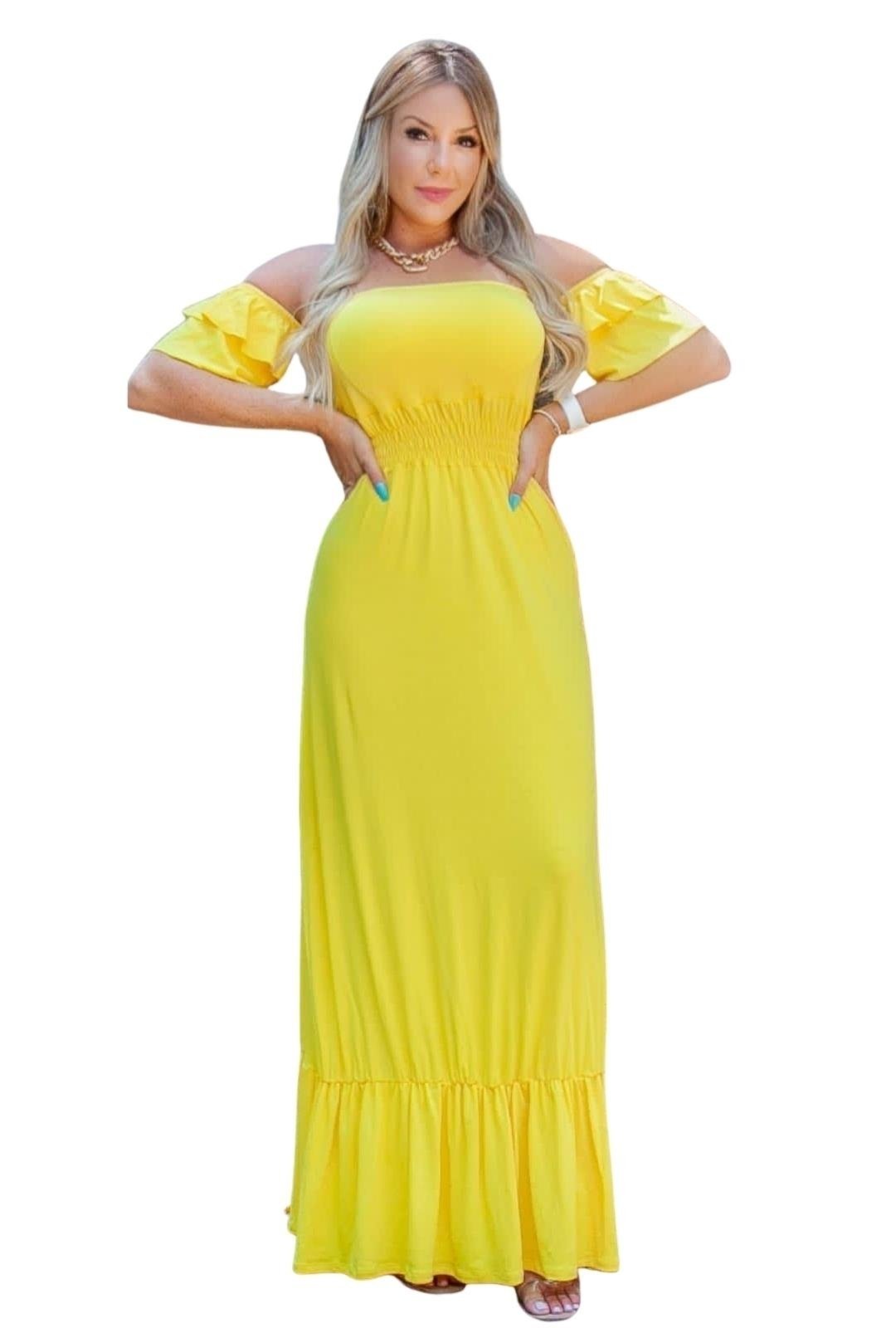 Vestido Longo Ciganinha Amarelo Com Bojo Ano Novo Réveillon