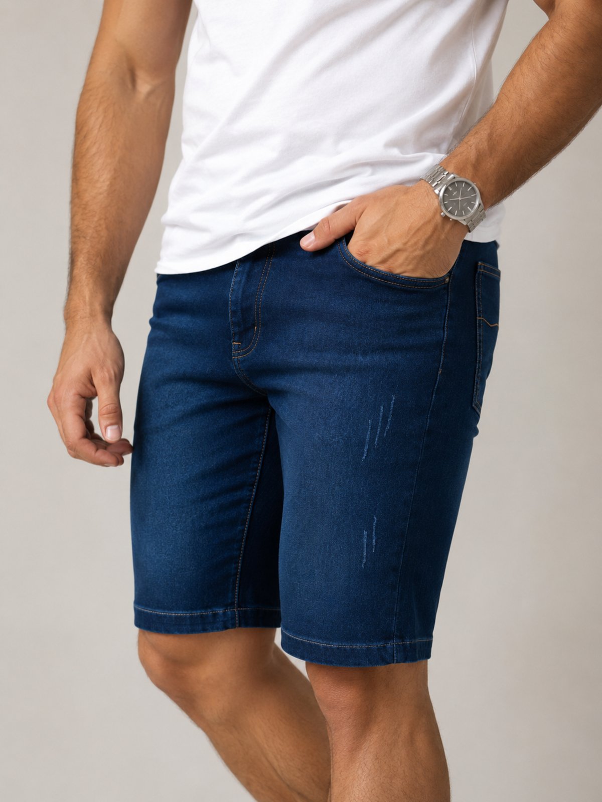 Bermuda Jeans Masculina Premium Puidos Purple Conforto Casual Alta Qualidade Azul Escuro