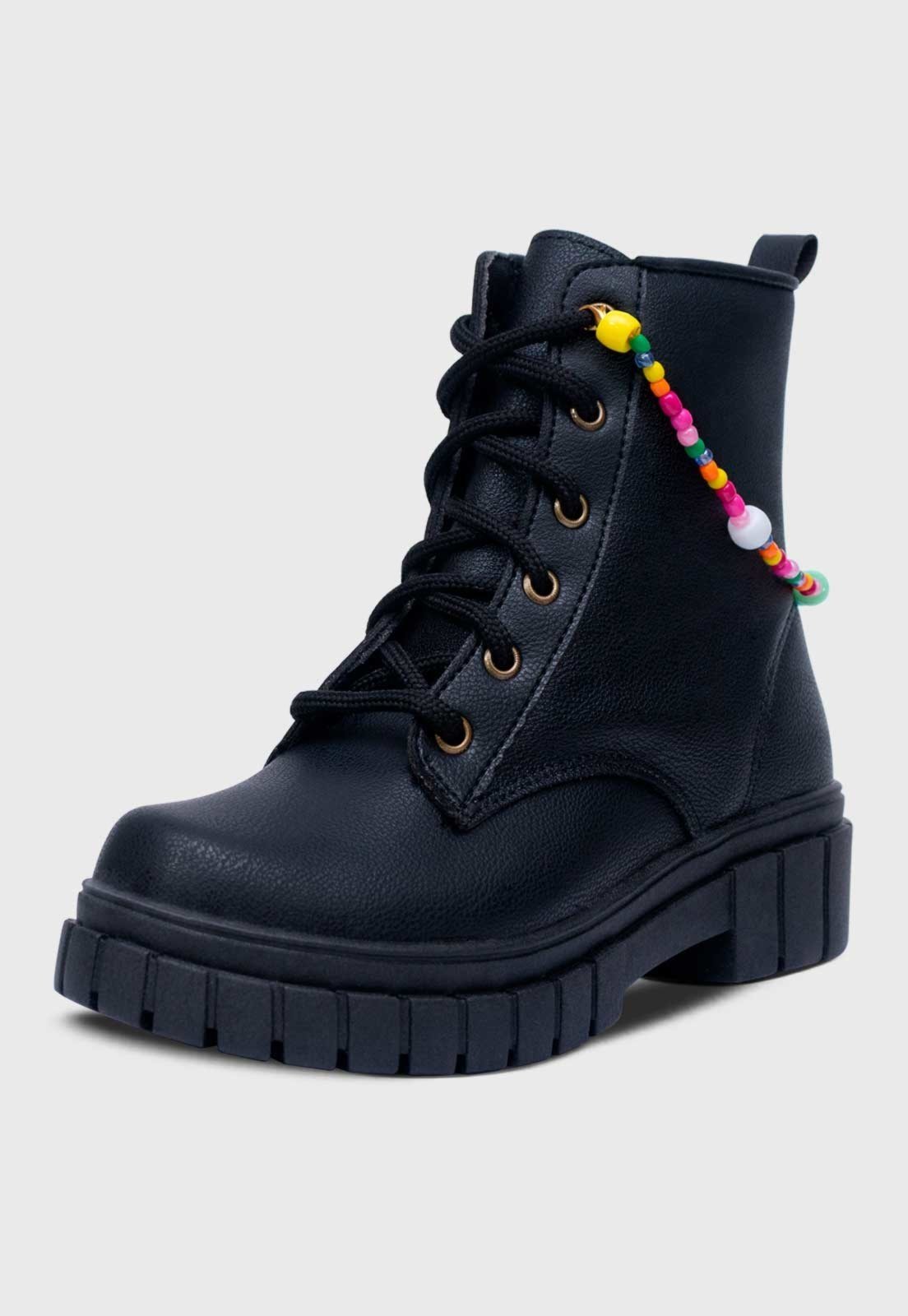 Infantil – Bota Coturno Popidi Menina Feminina Tratorado Preto e Pulseira