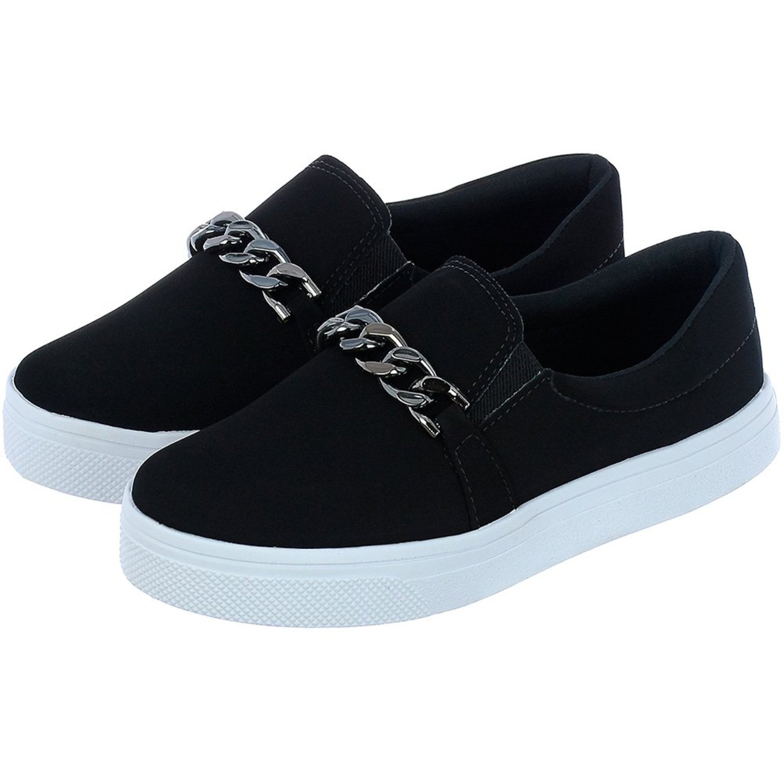 Tênis Feminino CM Calçados Confort Plataforma Slip On Liso Nobuck Preto com Corrente