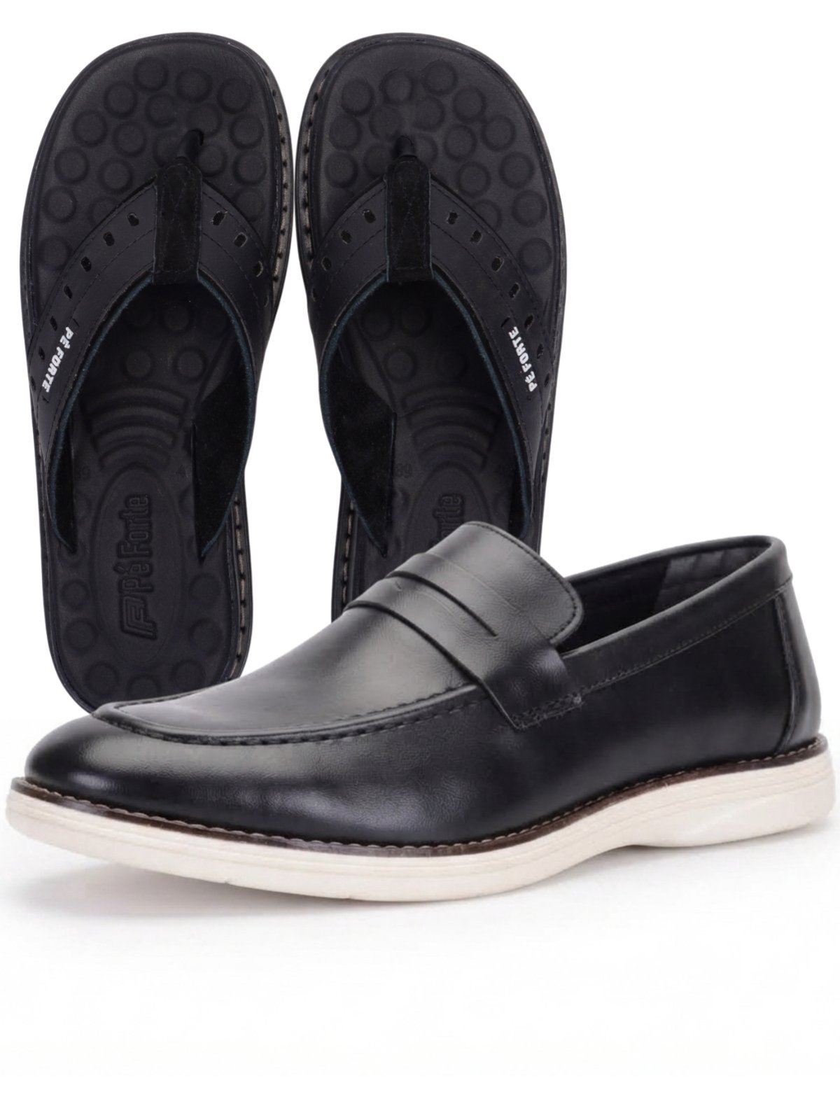 Kit Sapato Social Masculino Loafer Chinelo Em Couro Sapatofran Calce Fácil Conforto Preto