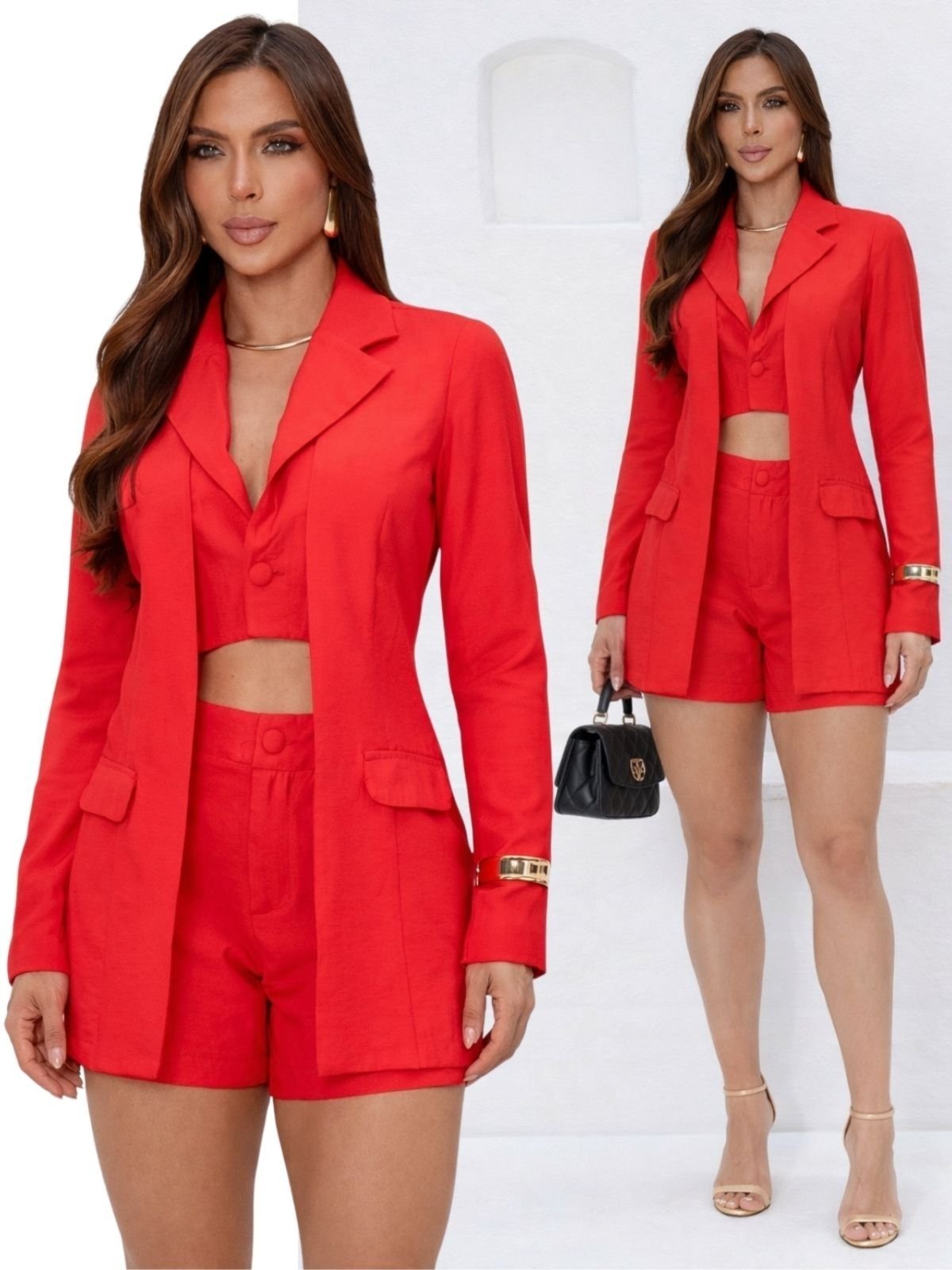 Conjunto Feminino Divina Gata Blazer Colete Duplo Shorts Curto Elegante Casual - Vermelho