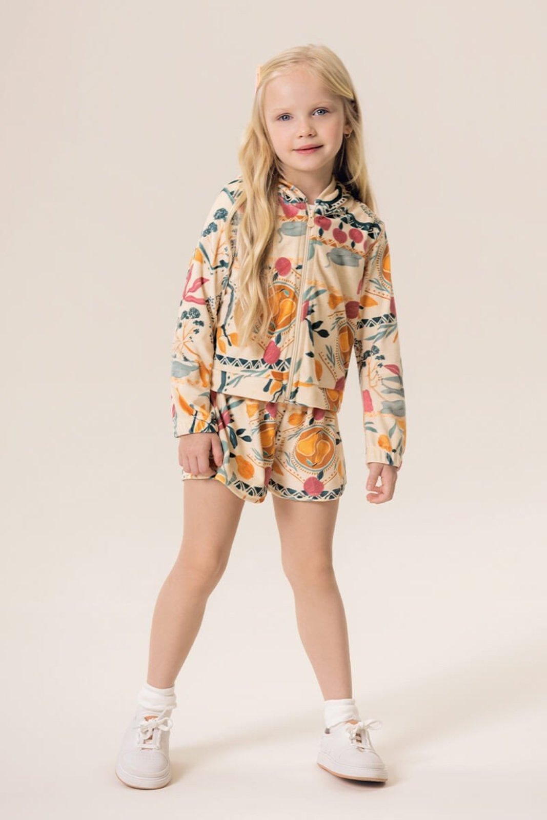 Infantil - Conjunto Menina Bugbee Jaqueta Com Shorts em Plush Estampado Ritual da Manhã