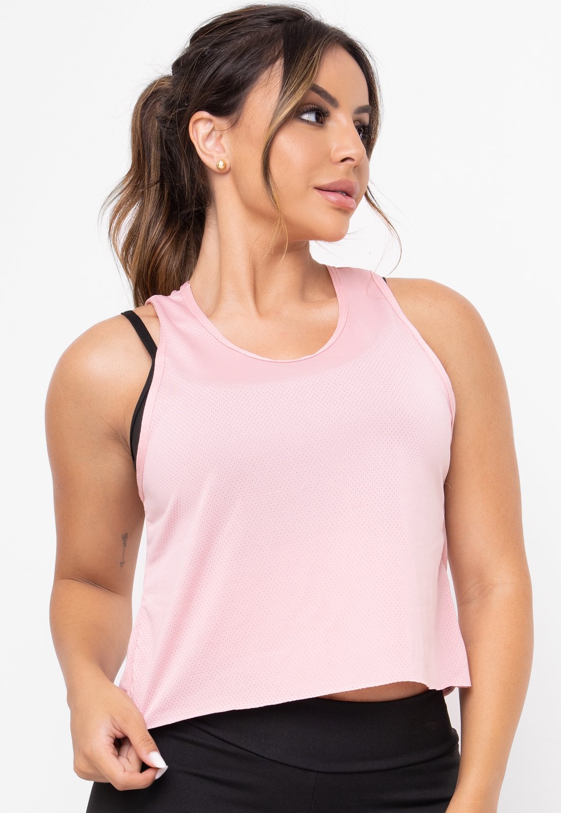 Cropped Feminino Camiseta Regata Dry Fit Furadinha Fitness Blusa Tela Feminina Academia 193 Rosa