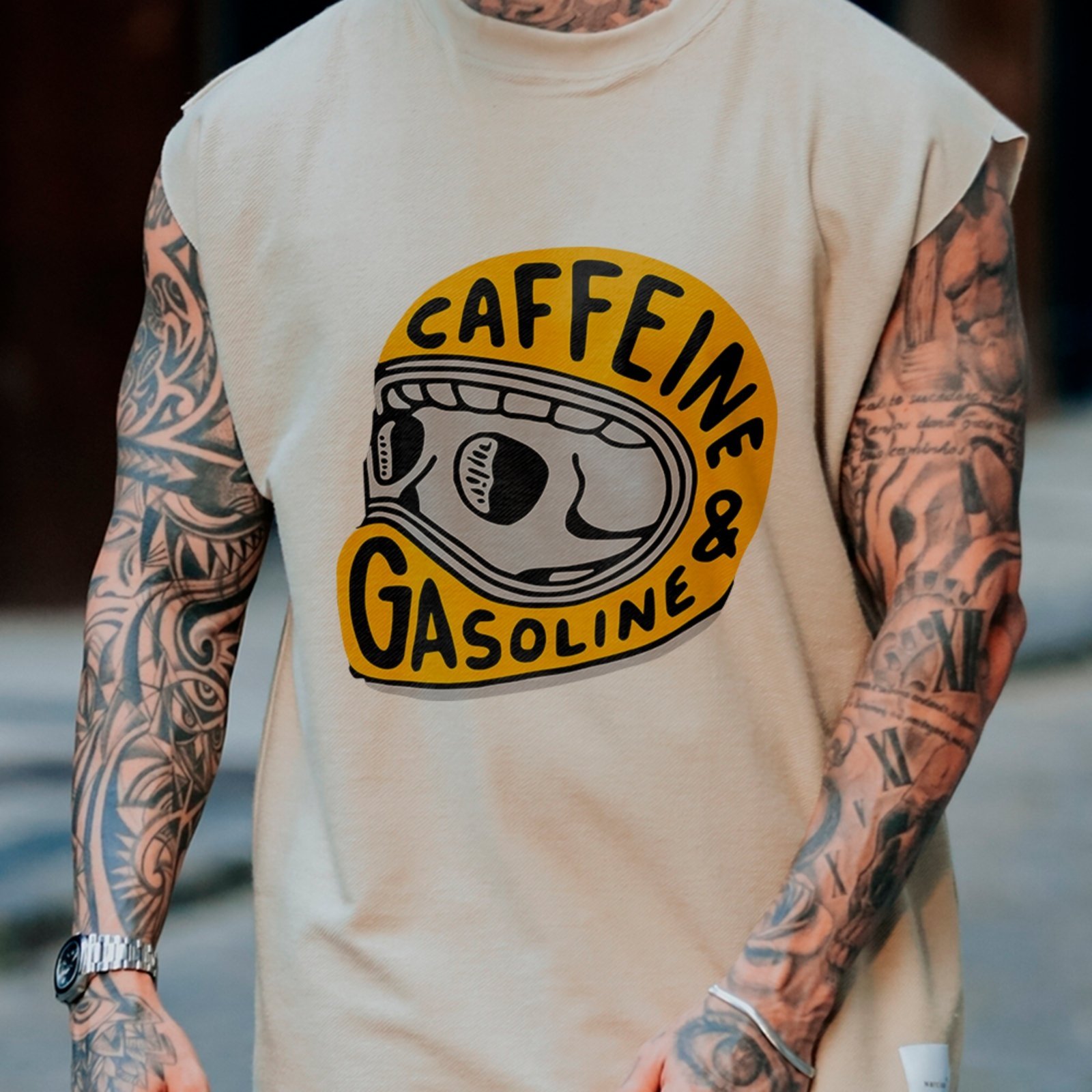 Camiseta Regata Machão Moto Caffeine Gasoline Vintage Streetwear Off White