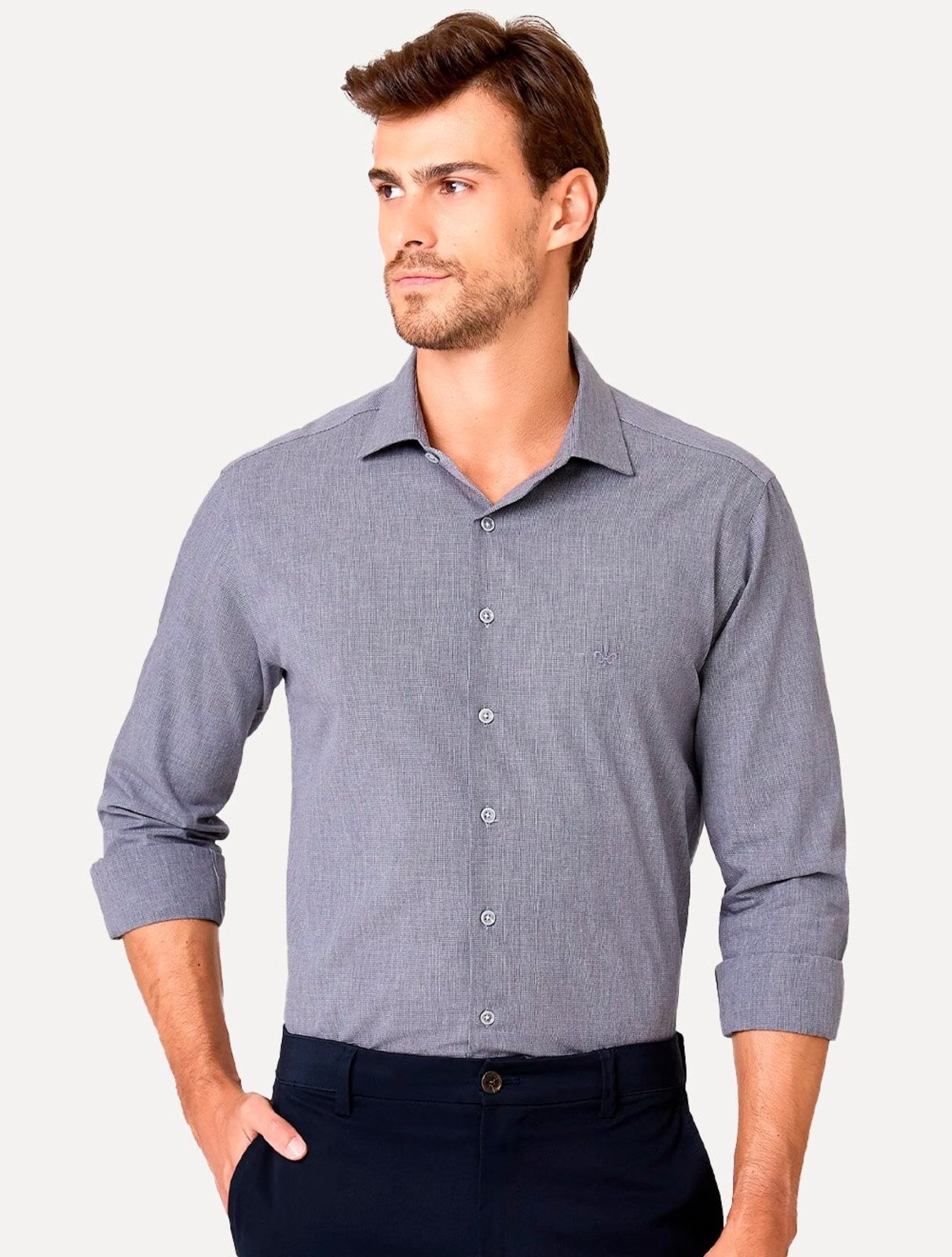 Camisa Dudalina Masculina Slim Superfine Vichy Melange Azul Marinho