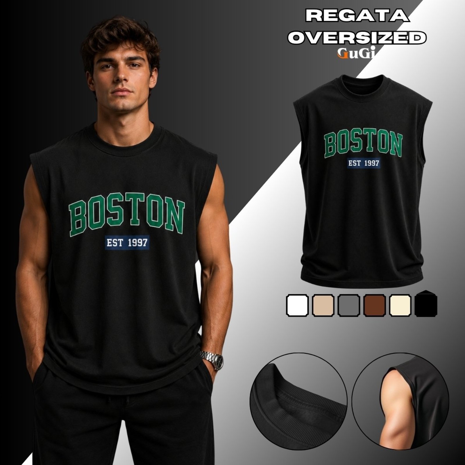 Camiseta Regata Masculina Oversized Estampada Boston Est 1997 100% Algodão 30.1 Preto