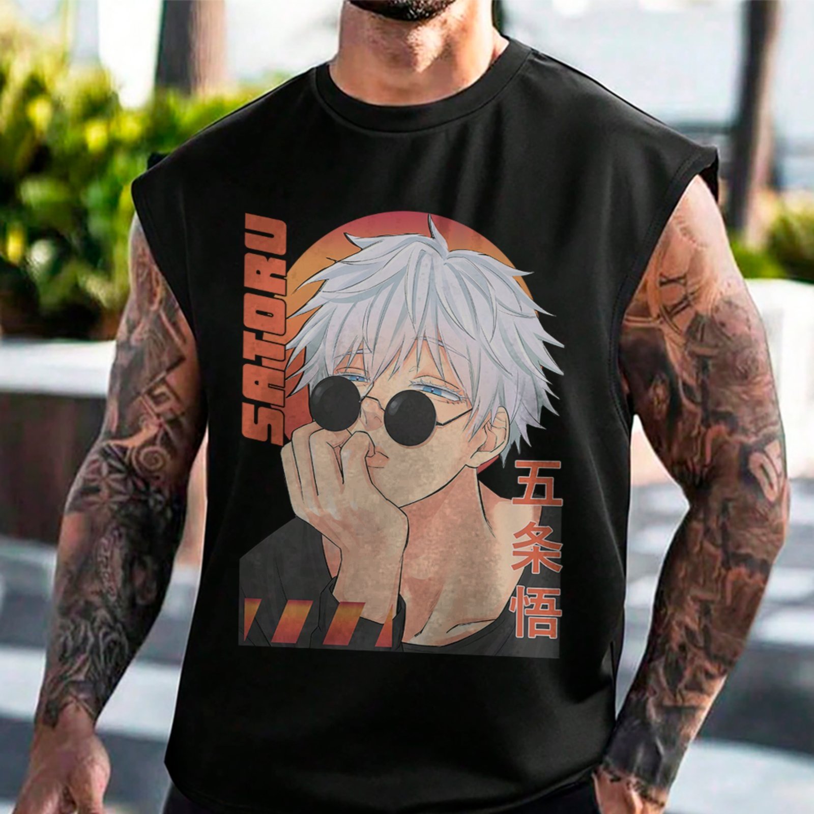 Camiseta Regata Machão Gojo Sensei Anime Óculos Estilo Street Masculina Preto
