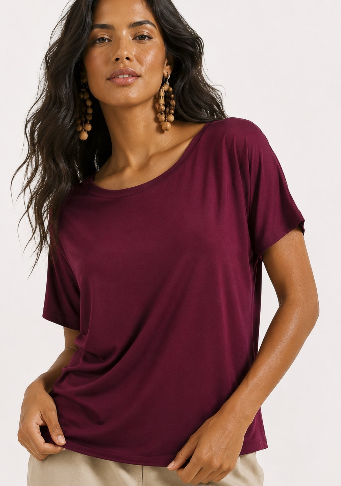Blusa Amazonia Vital Básica Morcego Malha Gola Canoa Manga Curta Bordô