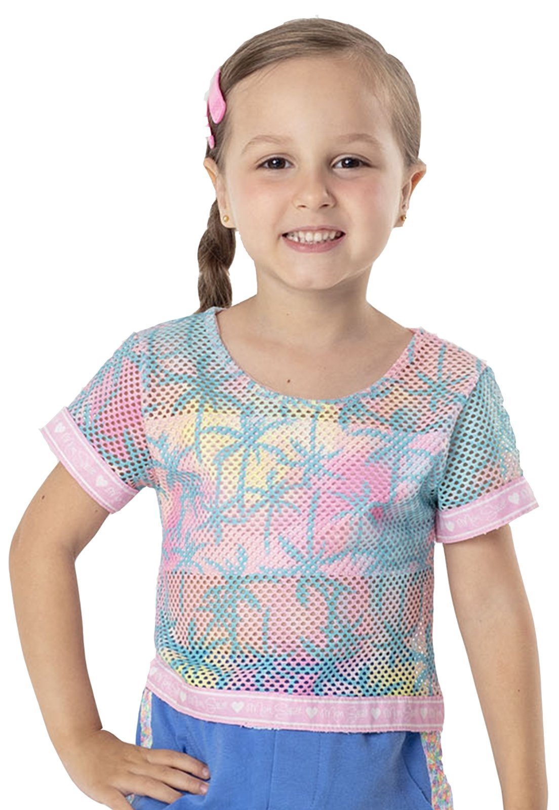 Vista 2 Infantil - Blusa MC Verão Surf Girl Estampado Mon Sucré rosa Mon Sucré rosa