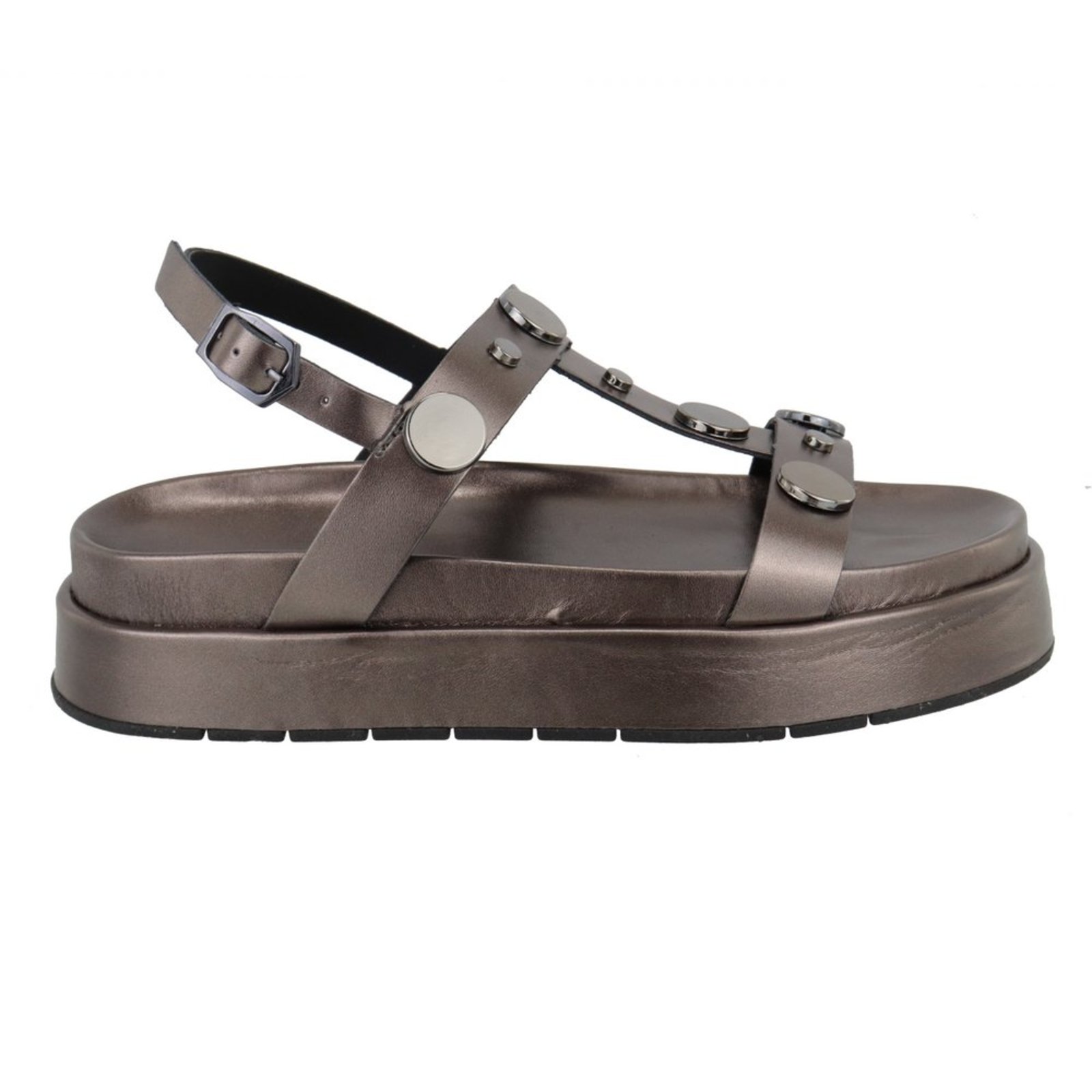 Sandália Flatform Amarena Grafite Fivela Regulável Detalhe Metais Moedas