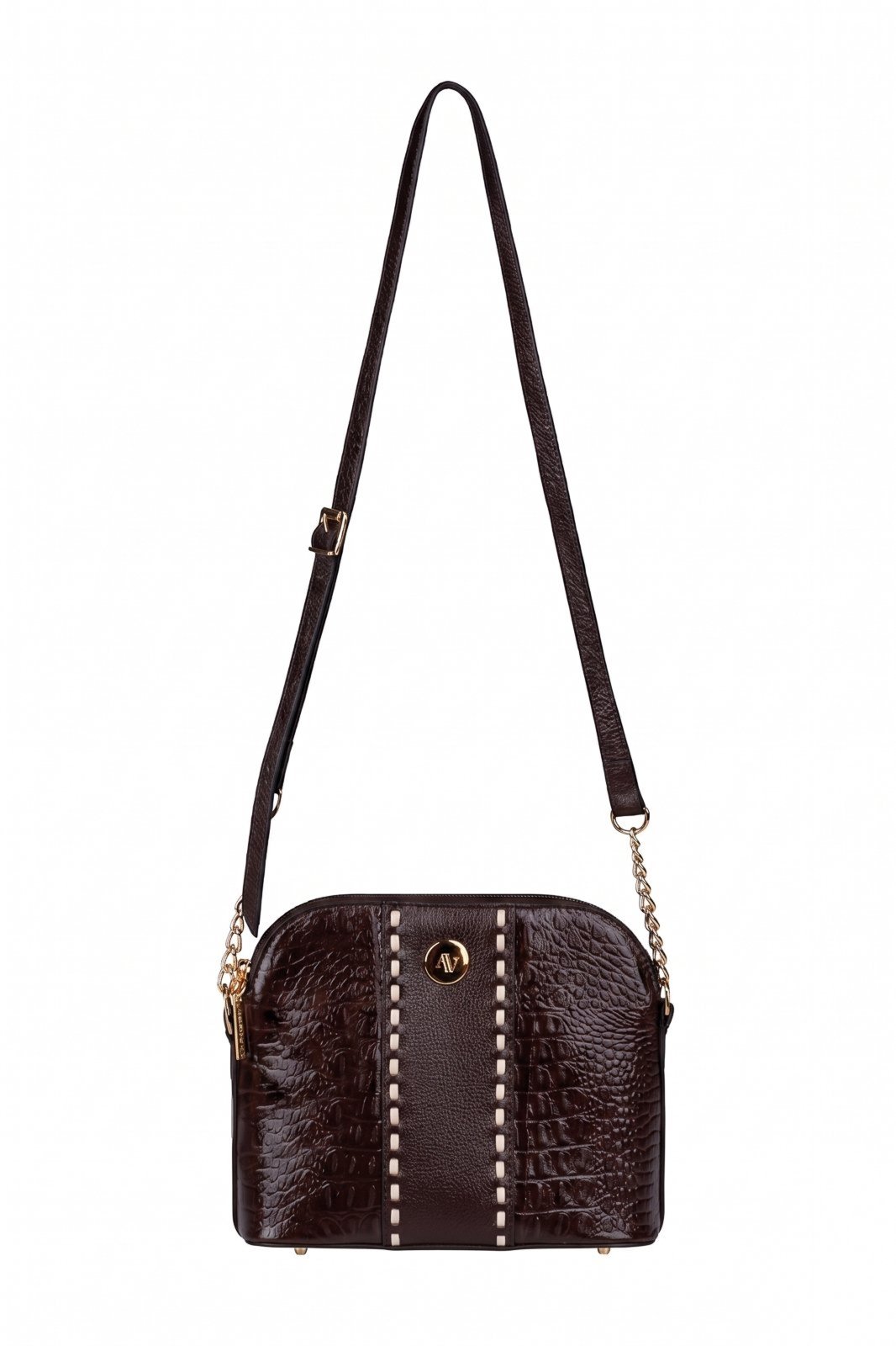 Bolsa transversal detalhe alça corrente couro croco Pérola - Café