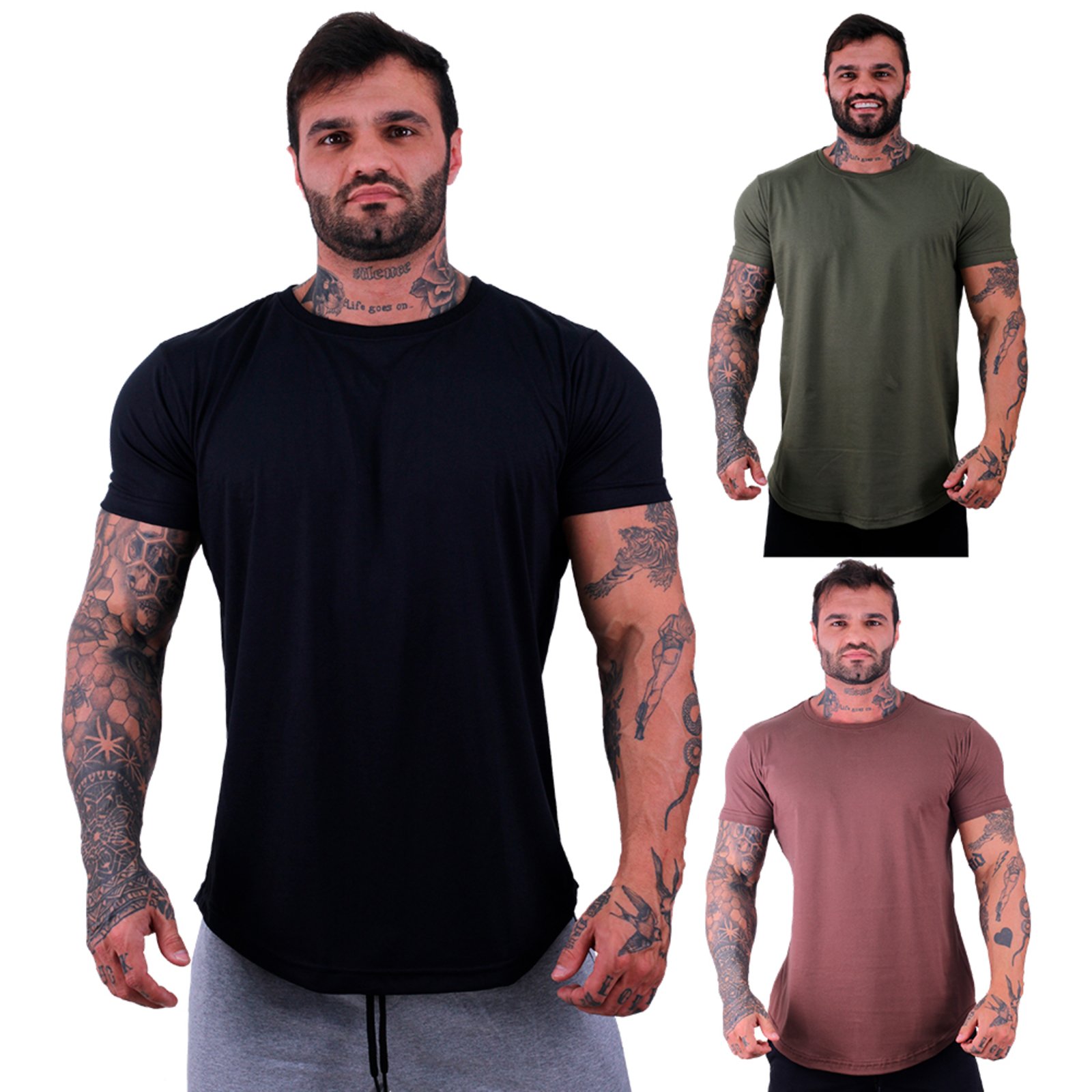 Kit 3 Camiseta Longline Masculina MXD Conceito para Academia e Casual Slim Preto, Verde Militar e Cacau
