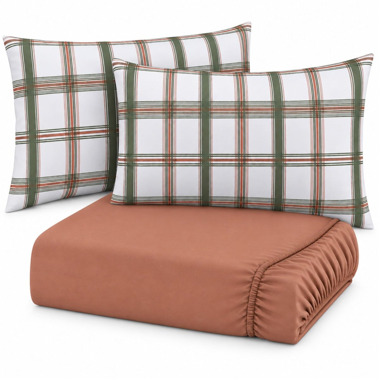 Jogo de Cama Lençol Queen Malha Soft 100% Algodão Fio Penteado Estampado Toque Macio 3 Peças Xadrez Terracota