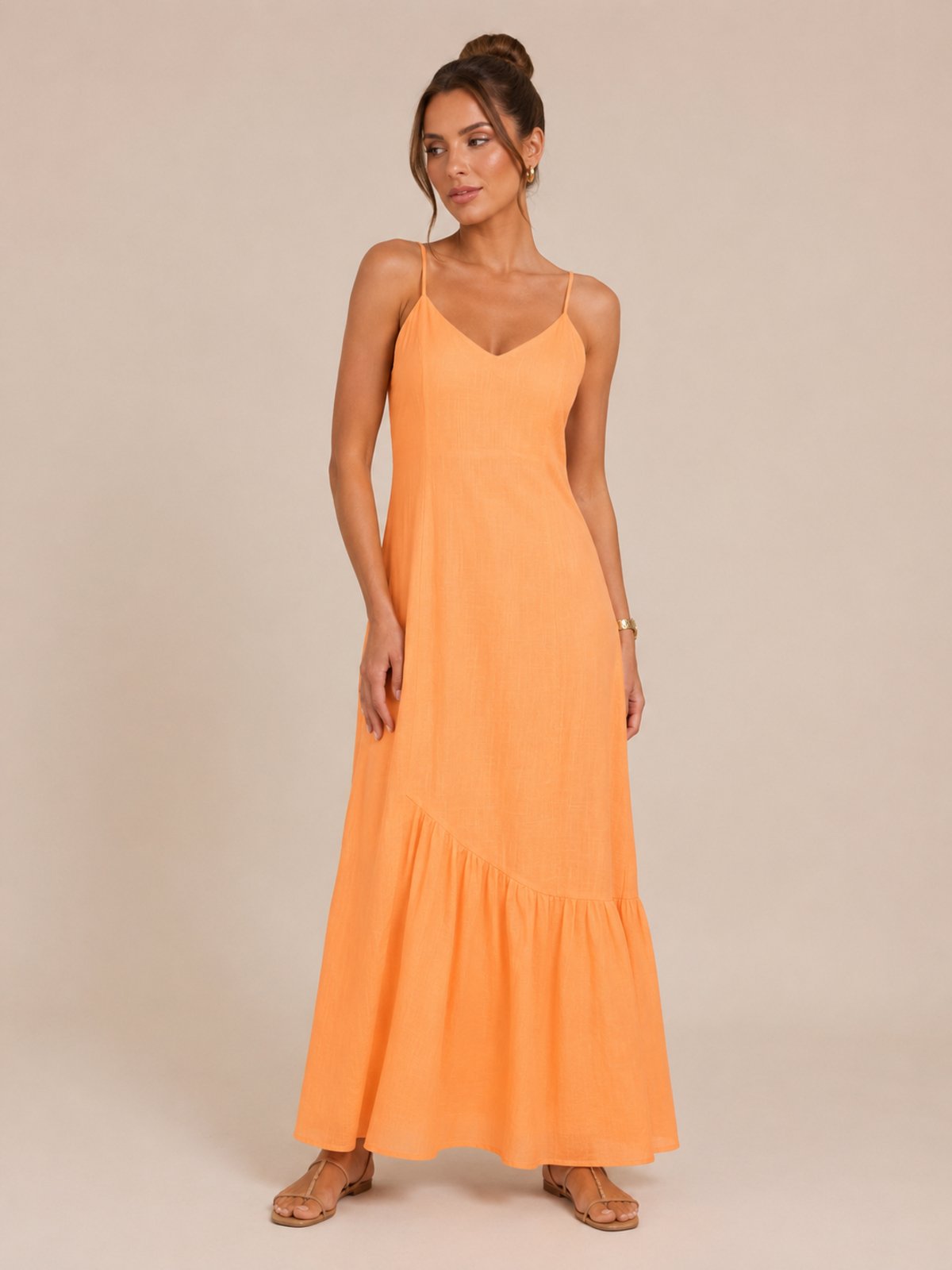 Vestido Longo Lapetry Decote V Alça Regulável Saia Maria Laranja