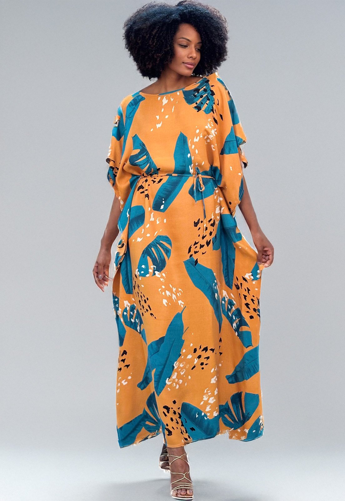 Vista 2 Vestido Amazonia Vital Kaftan Viscose Longo Estampa Aurora Botânica Amazonia Vital azul/estampado/laranja