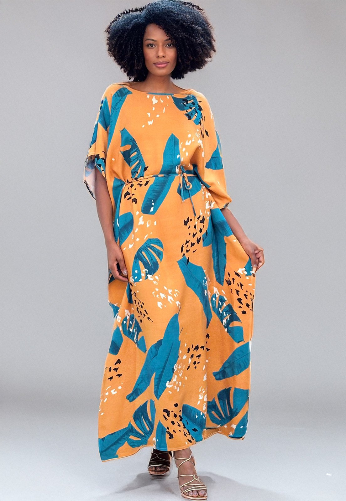 Vista 3 Vestido Amazonia Vital Kaftan Viscose Longo Estampa Aurora Botânica Amazonia Vital azul/estampado/laranja