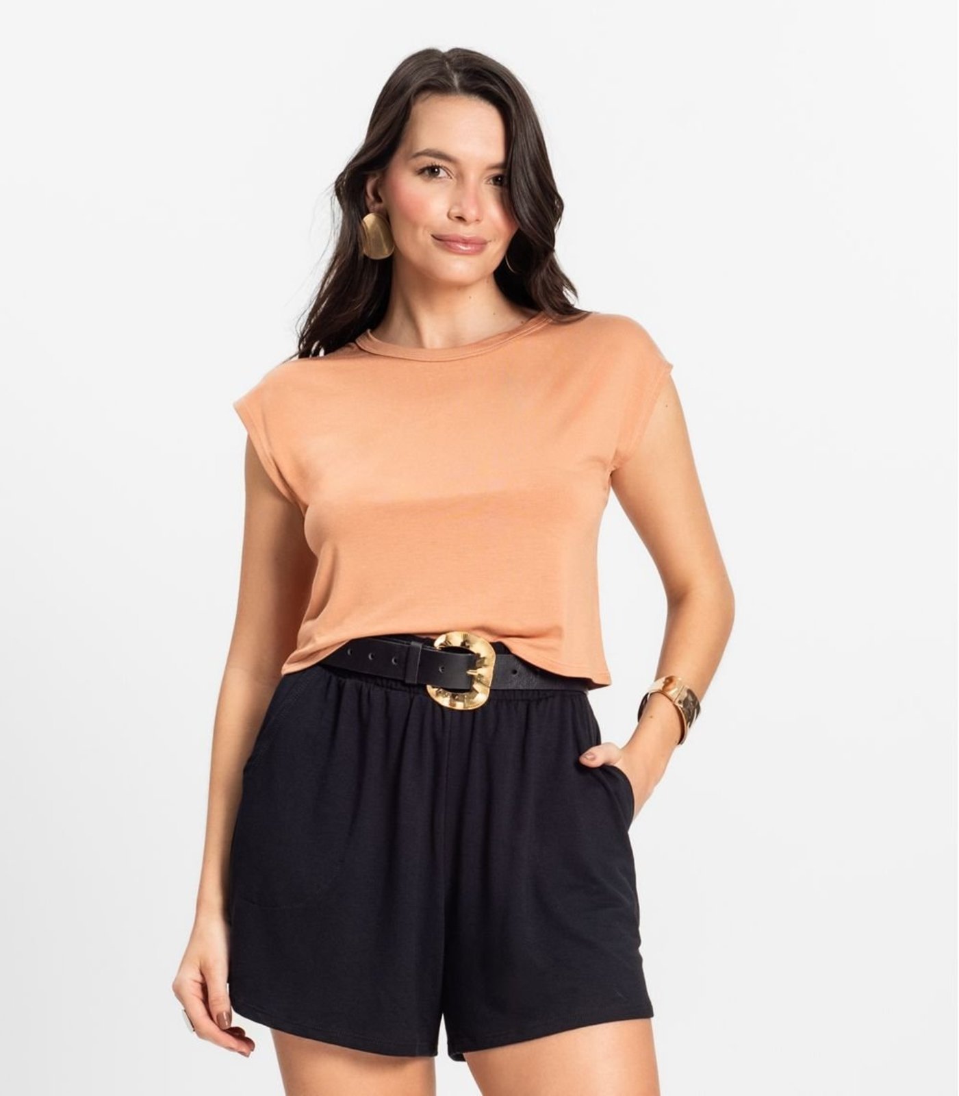 Vista 3 Blusa Básica Feminina Viscotorcion Rovitex Rovitex Básicos marrom Rovitex Básicos marrom