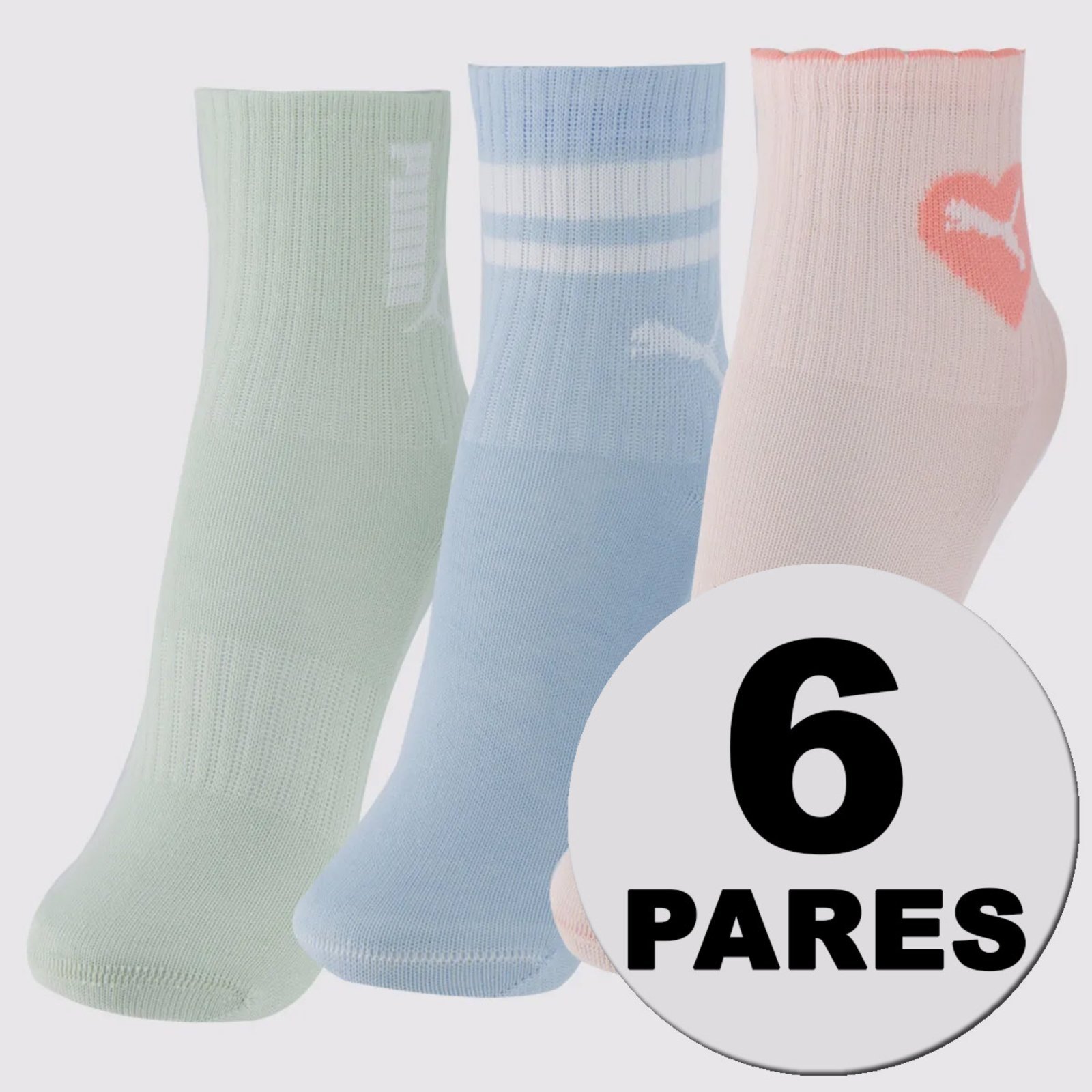 Vista 2 Kit Meia Puma Cano Longo 6 Pares Rosa Azul e Verde azul rosa Puma azul rosa