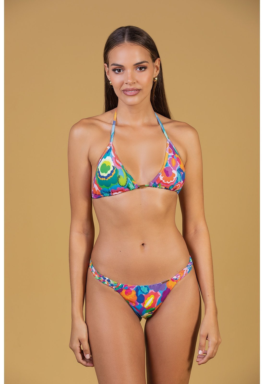 Conjunto Biquíni Cortininha com Calcinha de Tranças Floral Multicolorido