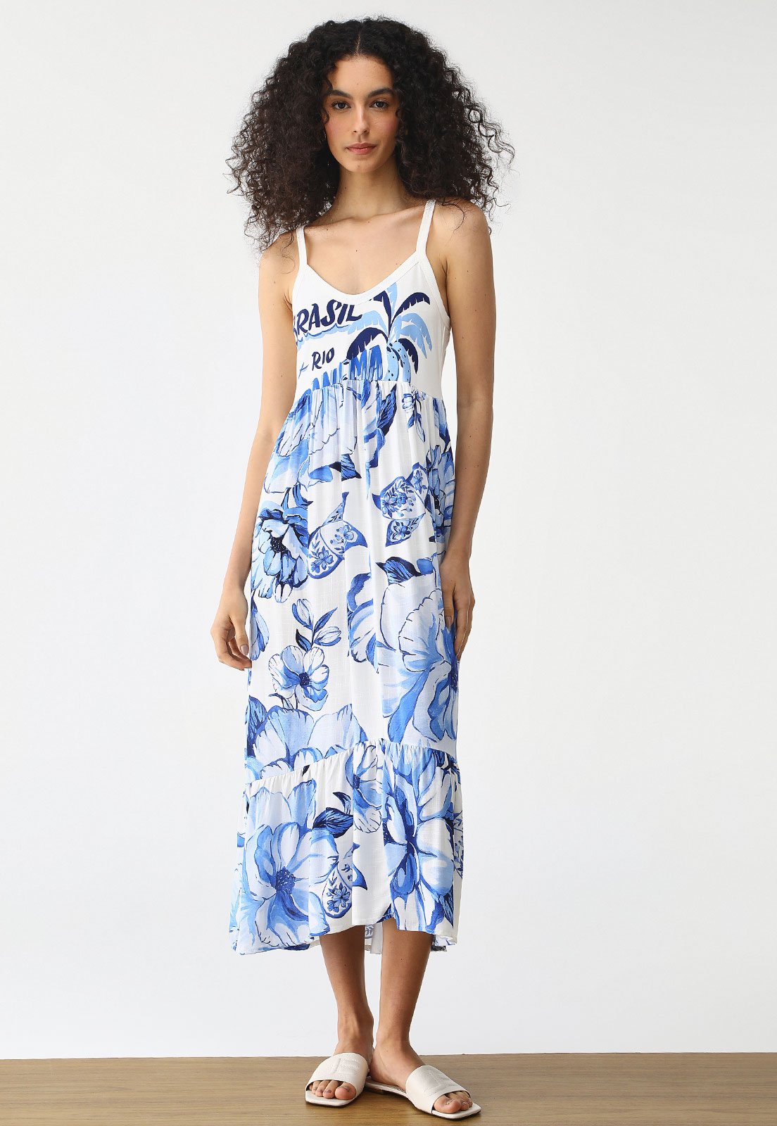 Vestido FARM Midi Alça Brasil Rio Ipanema Off-White