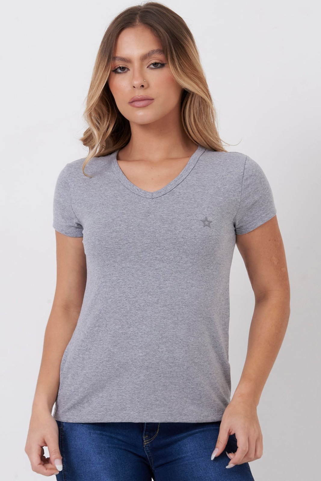 Blusa Feminina Decote v Planet Girls Mescla