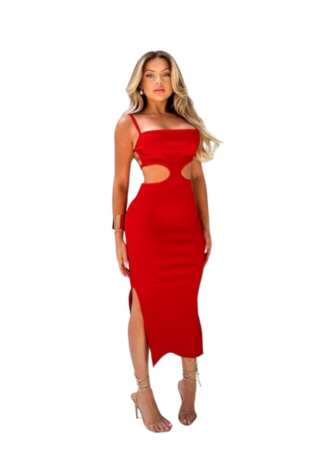 Vestido Midi Alcinha Canelado Tubinho Abertura Lateral Costas Cruzadas Aimee Vermelho