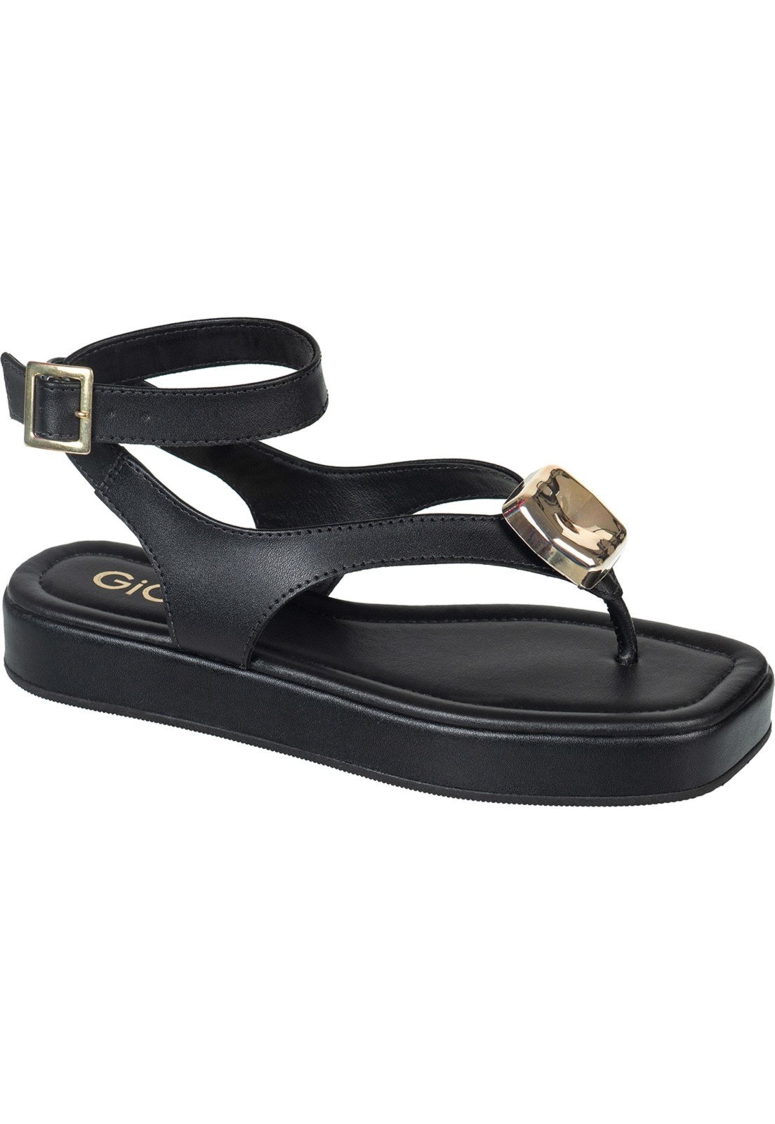 Vista 2 Sandália Feminina GiGiL Tiras de Dedo Flatform Baixa Detalhe Metalizado Ajuste Fivela no Tornozelo preto Gigil preto