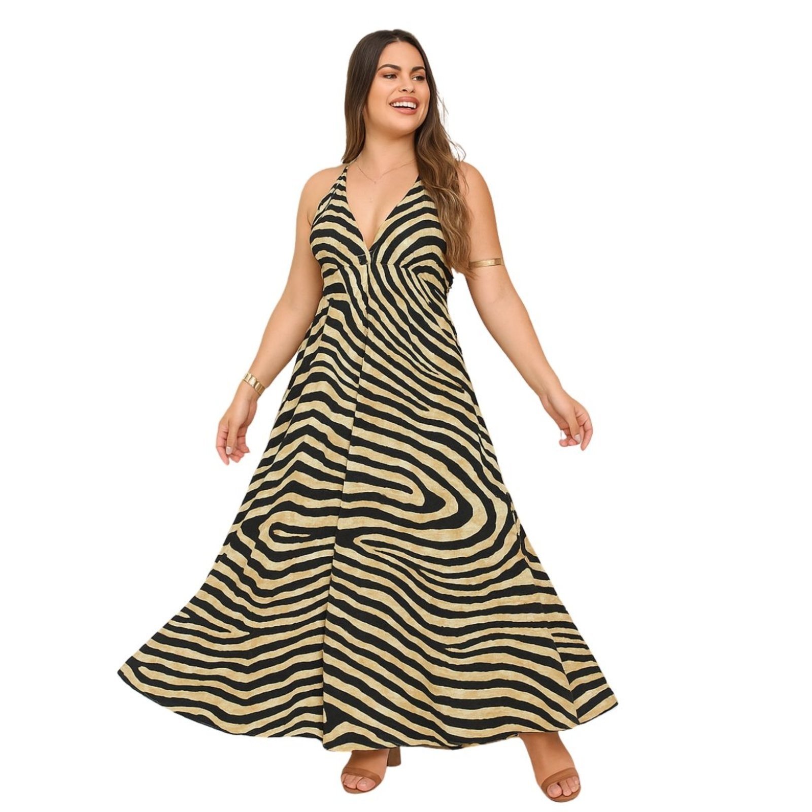 Vestido Longo Estilo Indiano Vih Triny Lenço Decote e Costas Aberta Bege