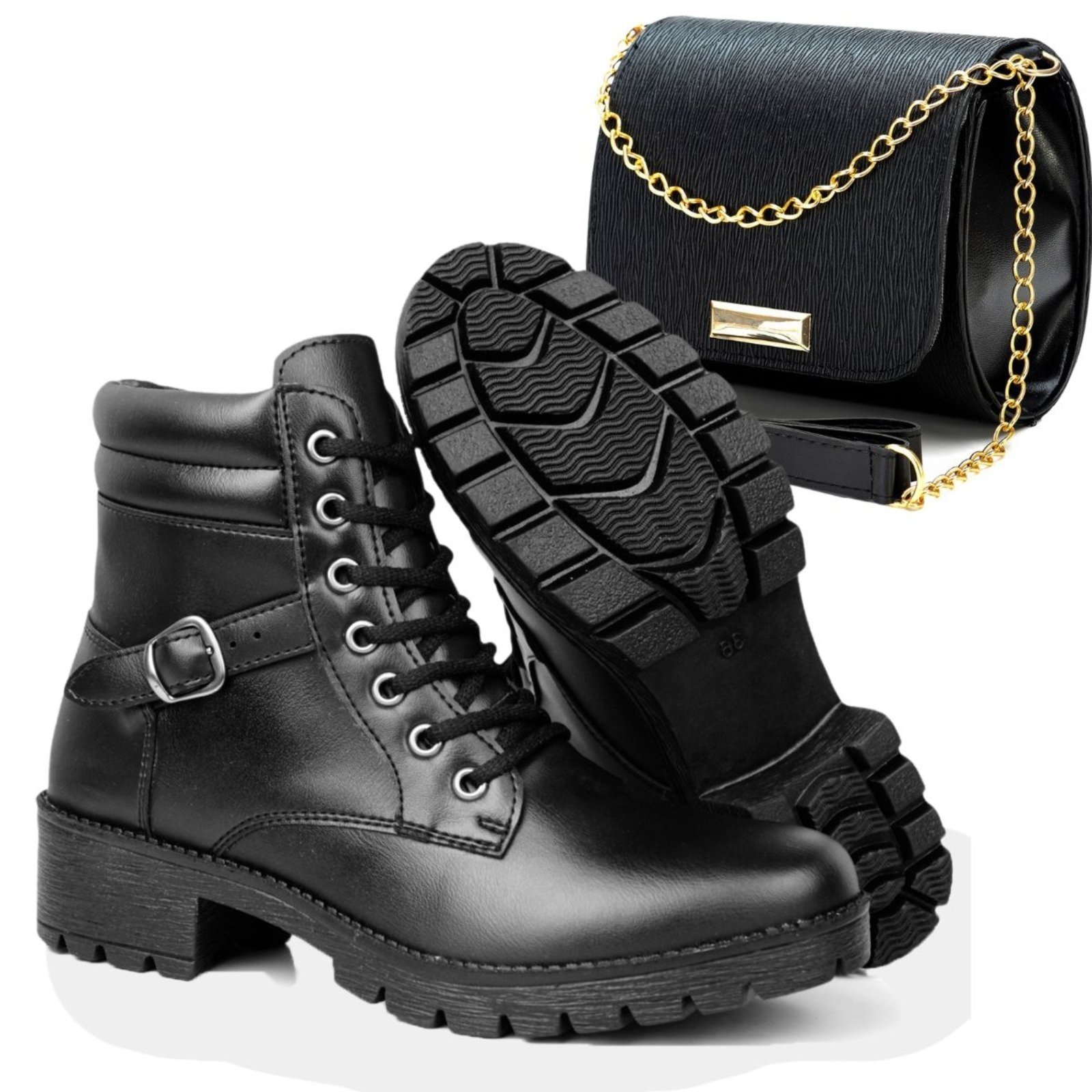 Kit Coturno Feminino Cano Médio Preto Com Fivela Lateral + Bolsa Transversal