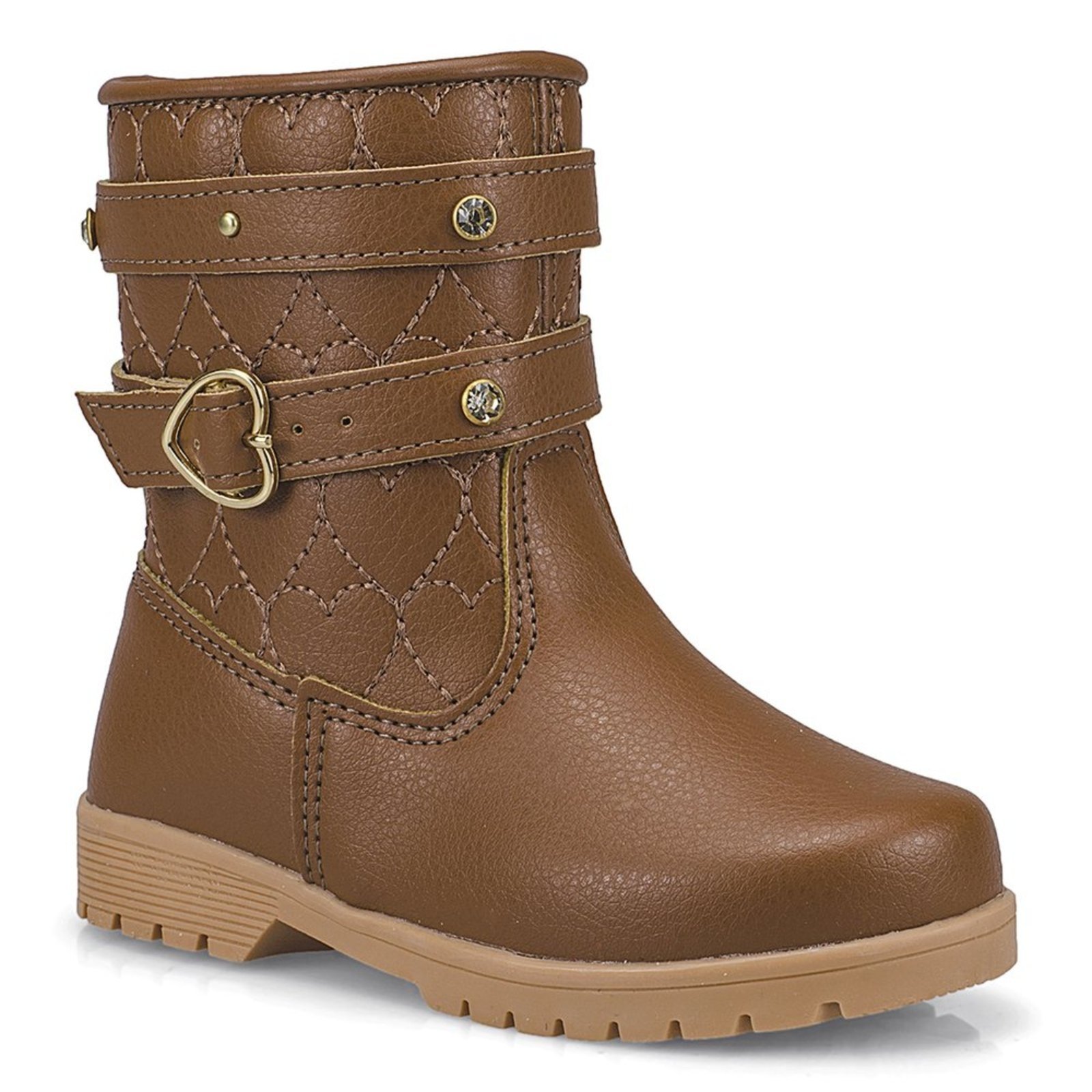 Infantil - Bota Feminina Cano Alto Fivela Coração Bordado Confortável Caramelo Marrom 72207 Pequito