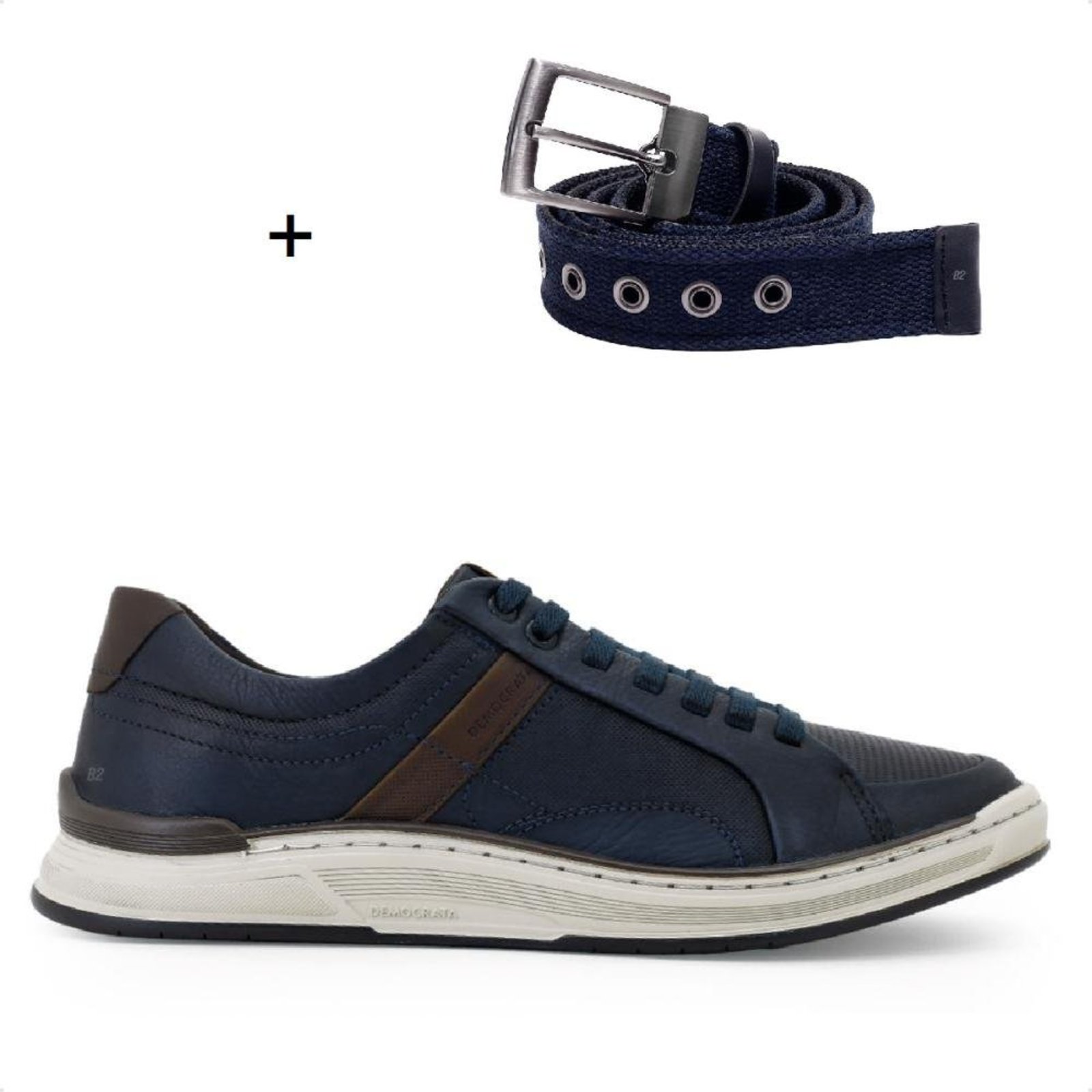 Sapatênis Democrata Denim Loop + Cinto Dupla Face Fivela Azul Marinho