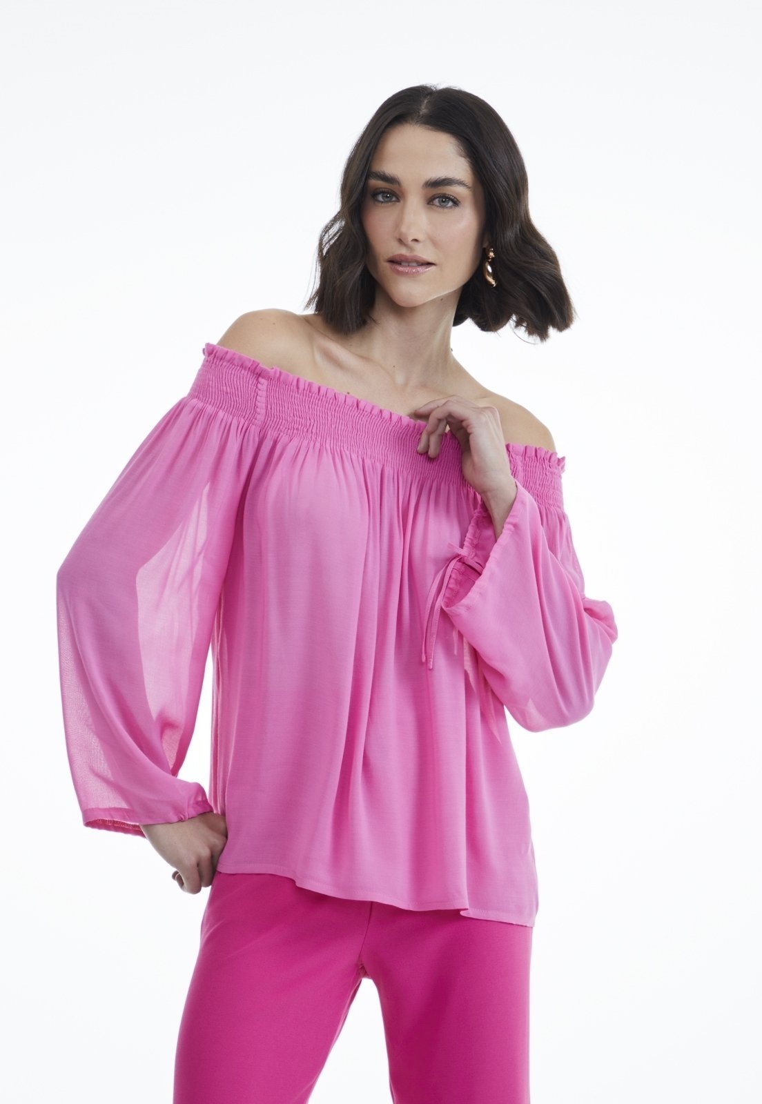 Vista 3 Blusa Viscose Traymon Ombro A Ombro Chiclete rosa Traymon rosa