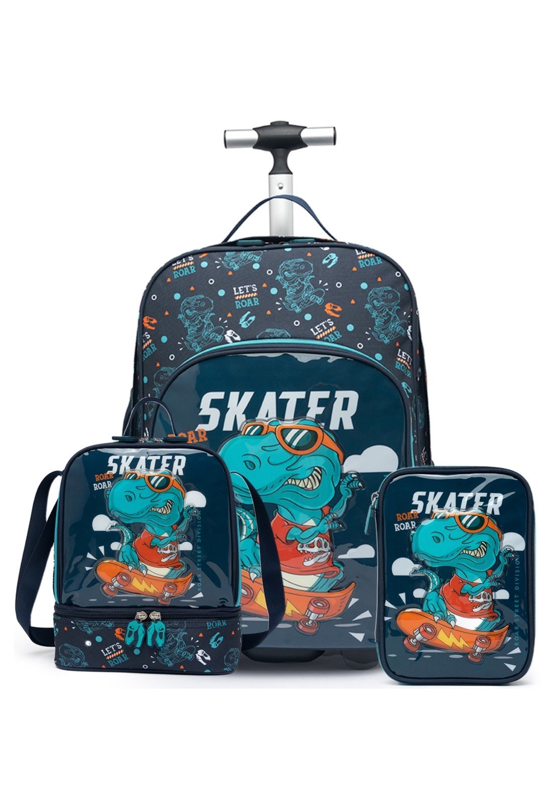 Vista 2 Infantil - Kit Mochila Rodinhas Estojo Lancheira Dinossauro Menino Resistente Espaçosa YUPE azul YUPE azul
