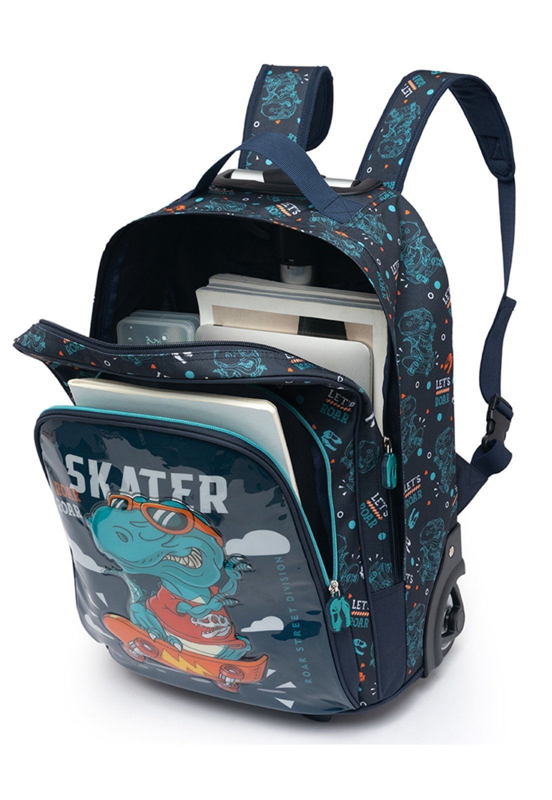 Vista 3 Infantil - Kit Mochila Rodinhas Estojo Lancheira Dinossauro Menino Resistente Espaçosa YUPE azul YUPE azul