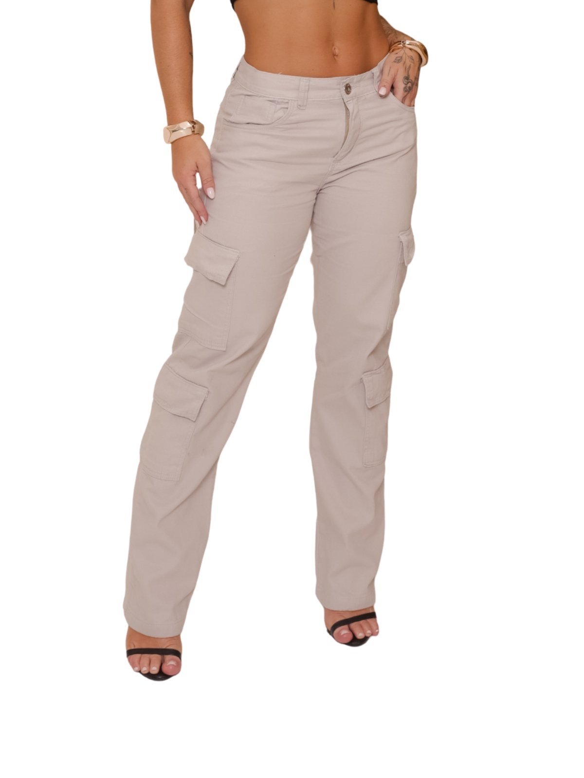 Calça Feminina Jeans Light Super Cargo 4 Bolsos Creme