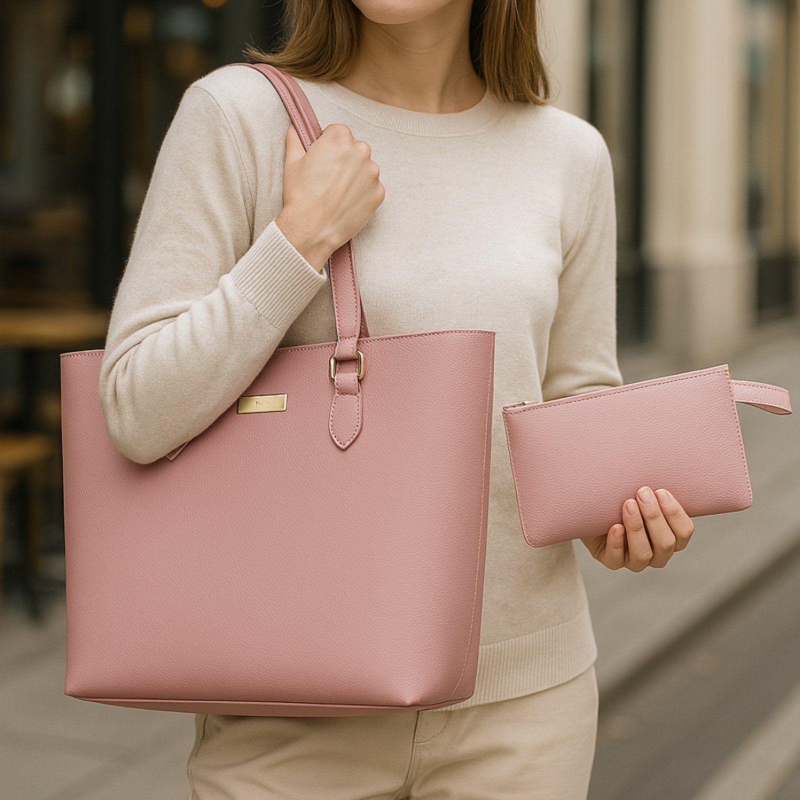 Bolsa Feminina Shopper Com Alça De Ombro Reforçada Metais Premium E Nécessaire – Rosa