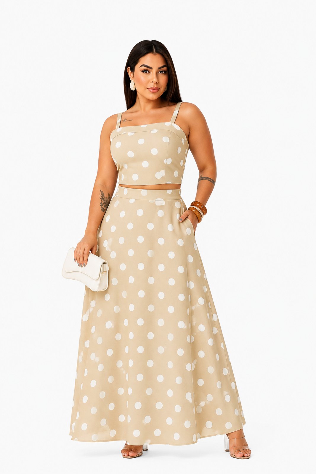 Conjunto Longo Plus Size D Bell Outlet Fashion Alça Fina Poá Bege