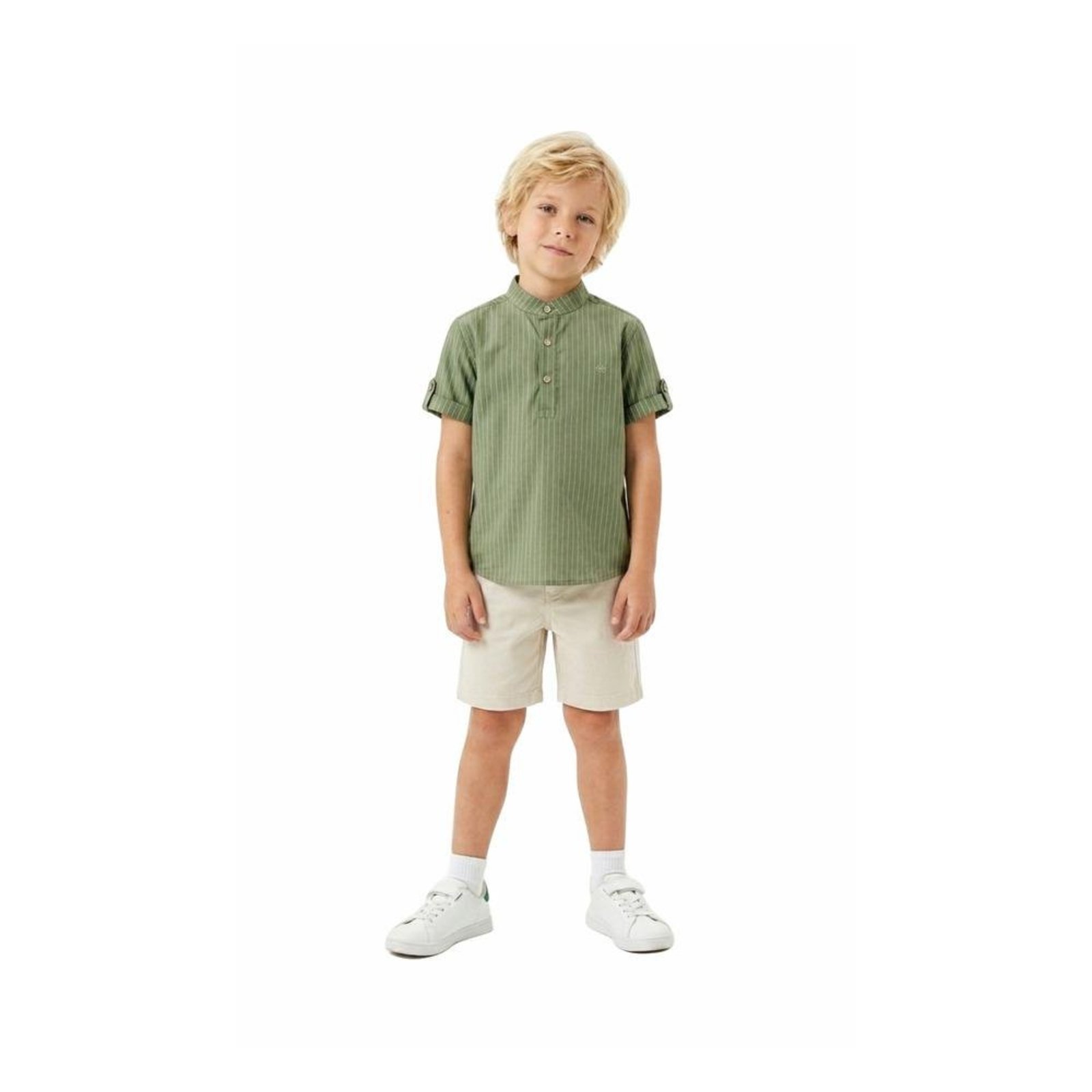 Infantil - Conjunto Camisa Gola Padre Listrada Bermuda VIGAT Verde Bege 1 Verde