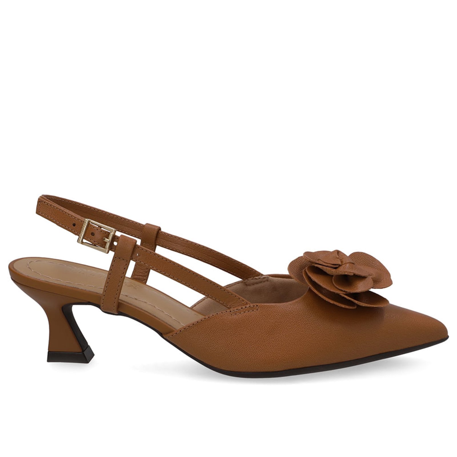 Slingback Em Couro Marrom Com Enfeite Floral