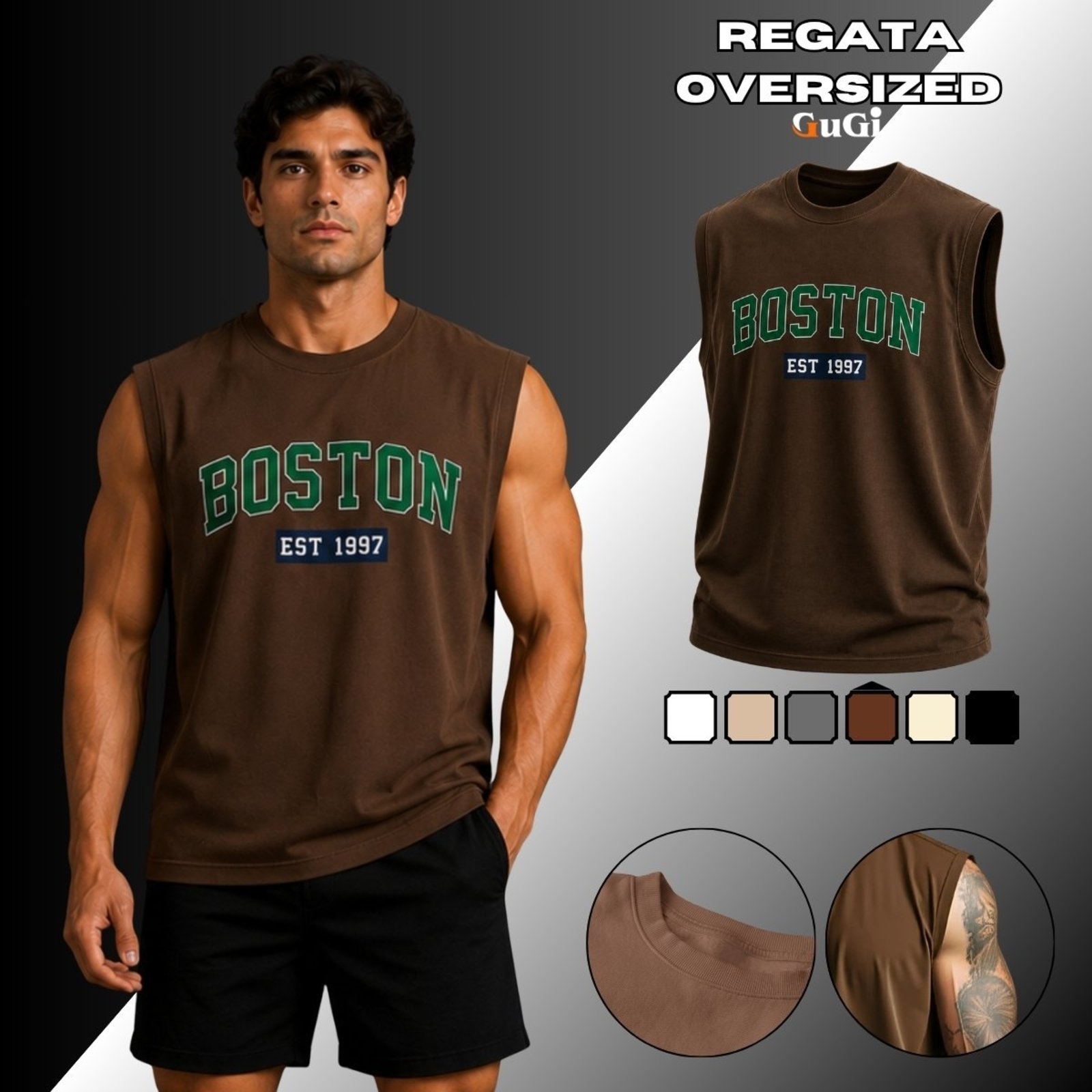Camiseta Regata Masculina Oversized Estampada Boston Est 1997 100% Algodão 30.1 Marrom