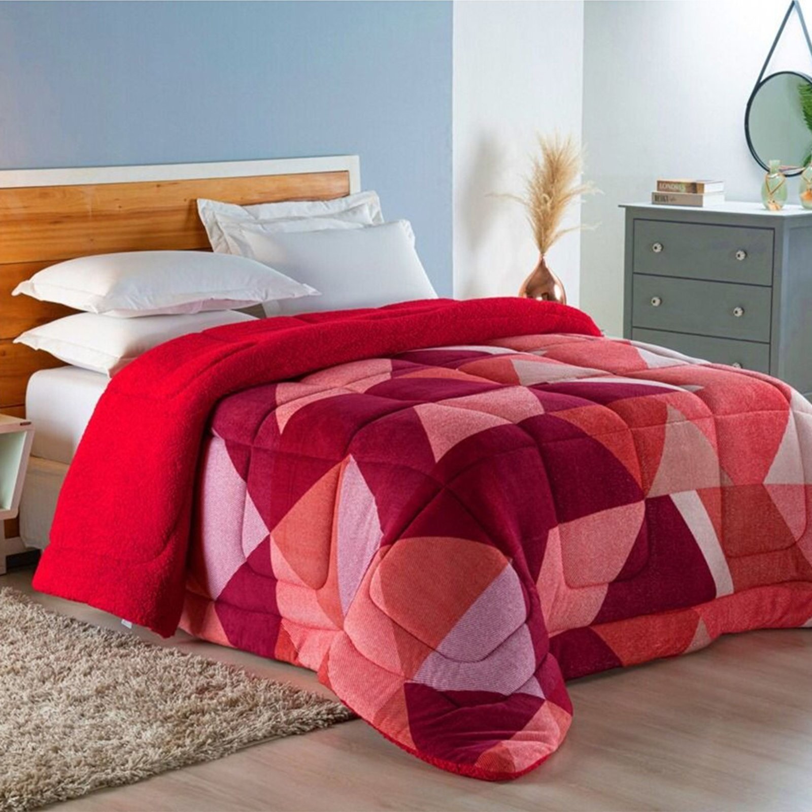 Edredom Coberdrom Sonobom King Sherpa - Geométrico Vermelho - 100% Poliéster