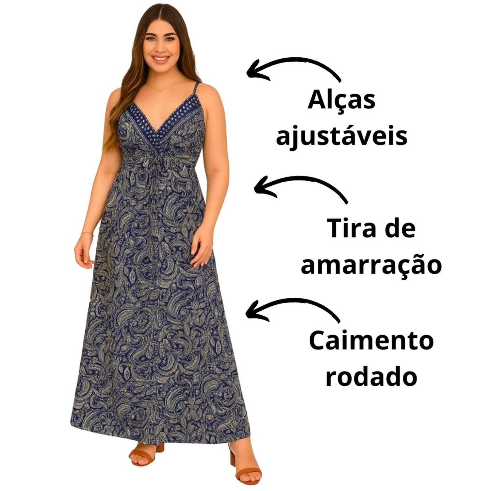 Vista 3 Vestido Longo Indiano FMF Azul Marinho Estampa Paisley Preto FMF preto azul