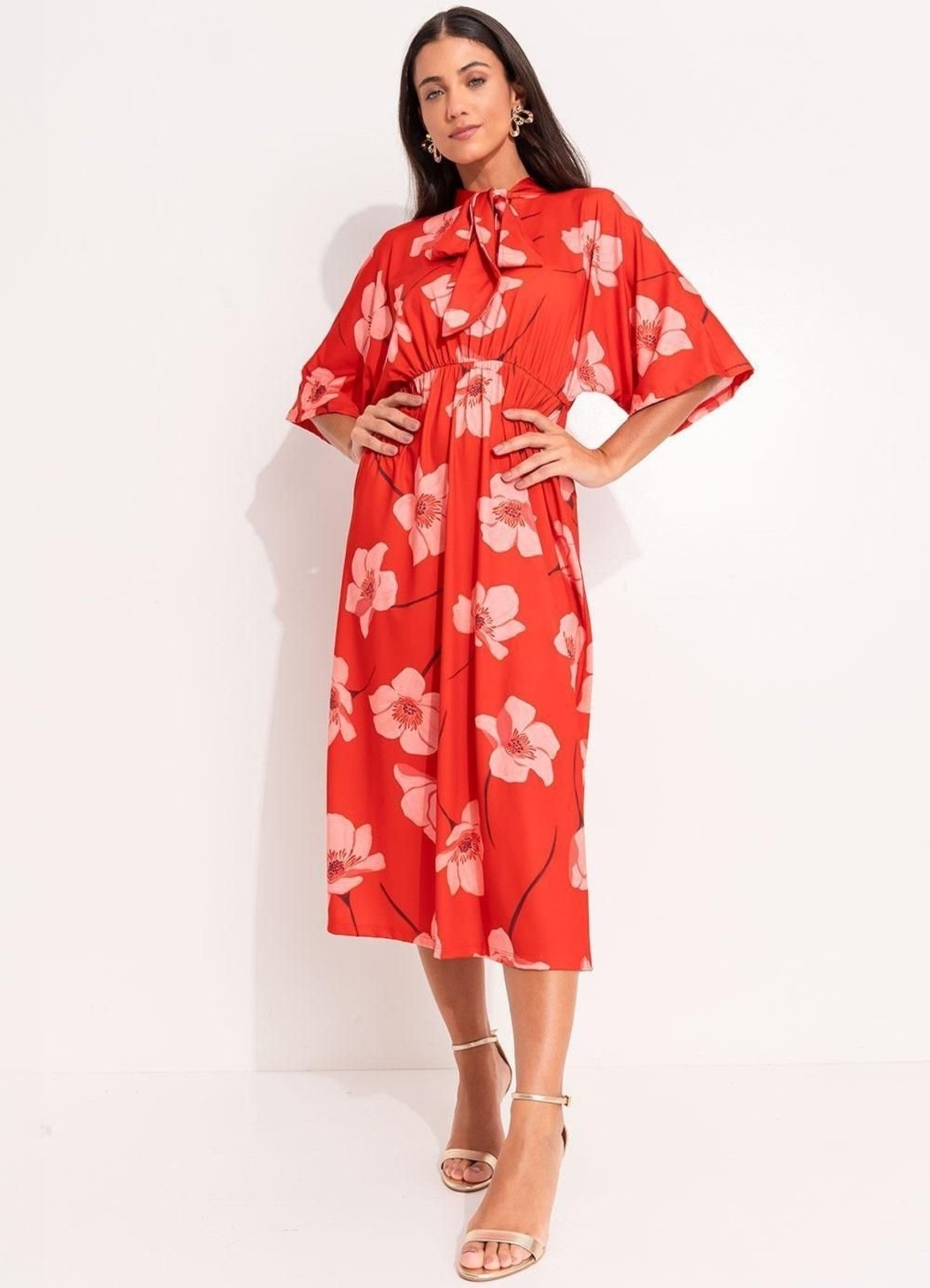 Vestido Midi Malha Fria Flores Colorido Quintess