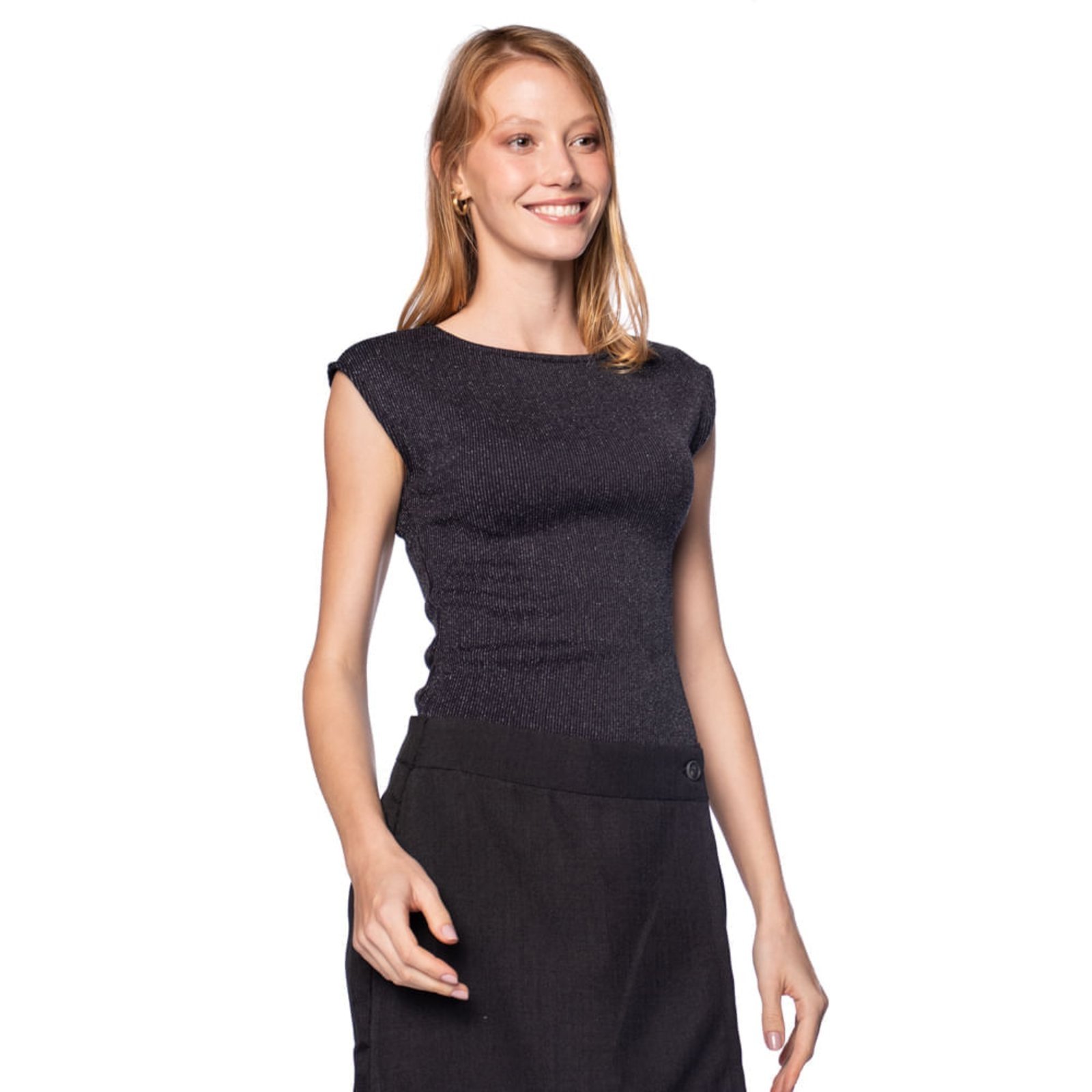 Blusa Feminina Cativa Canelada com Lurex Preto