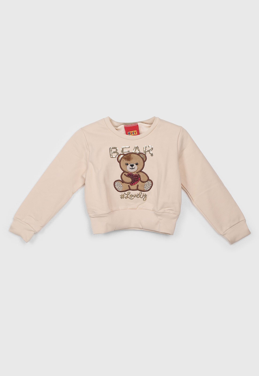 Infantil - Blusa de Moletom Kyly Cropped Estampa Urso Bege