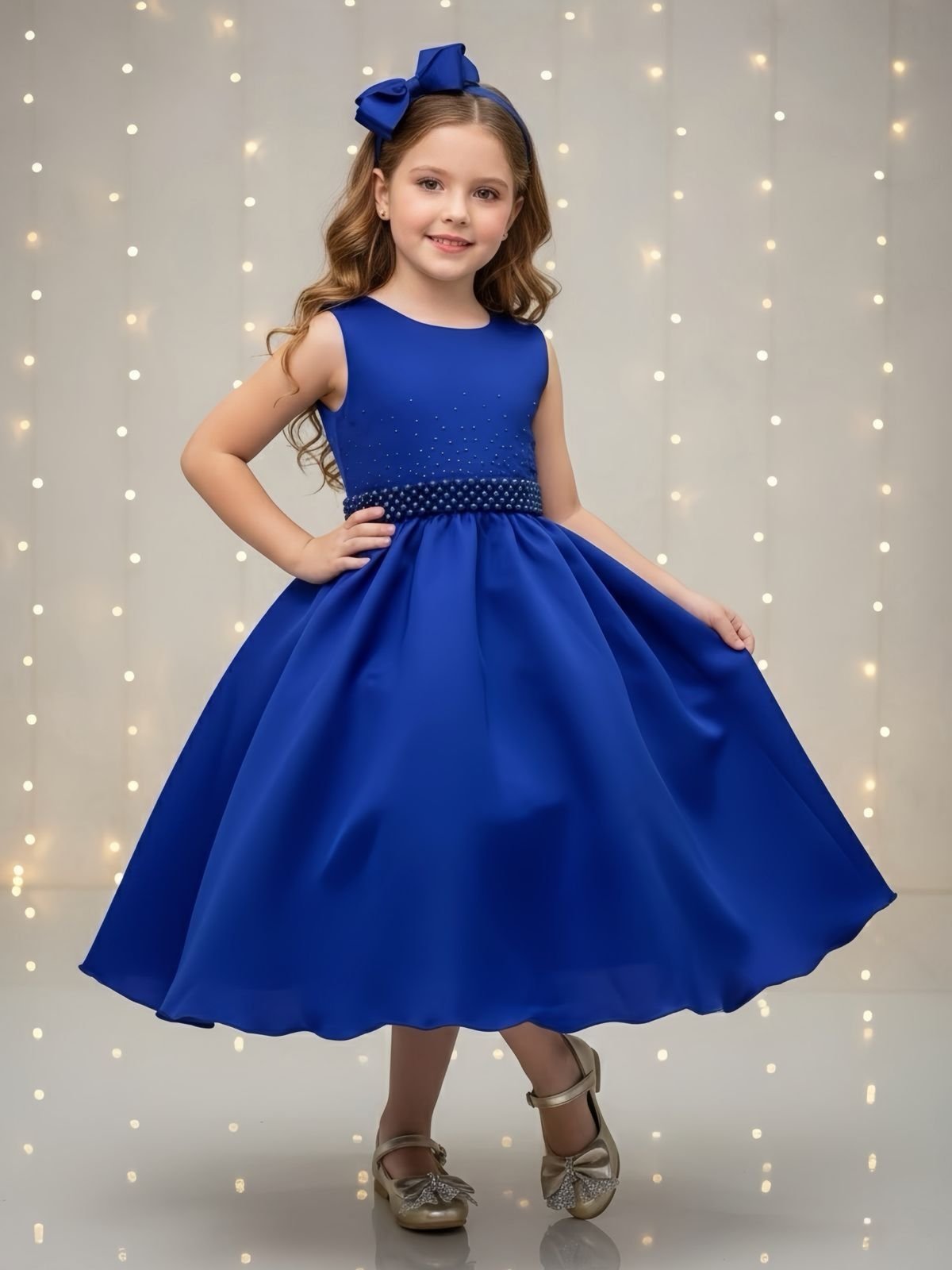 Infantil - Vestido Festa Cobalto Formatura Florista Casamento Dama Daminha Social Menina Juvenil Pérolas Princesa Rodado Aniversário Luxo