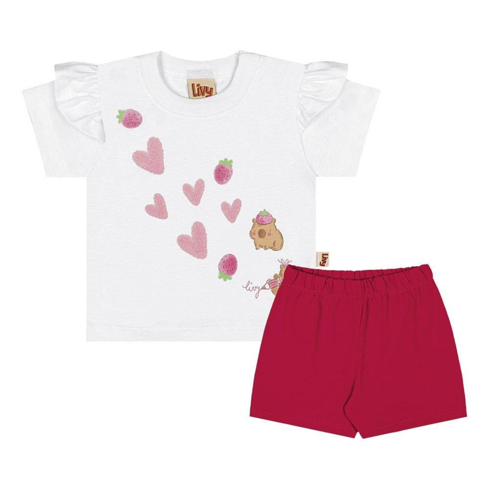 Infantil - Conjunto Feminino Camiseta Babados Shorts Livy Branco Vermelho Cereja G Vermelho