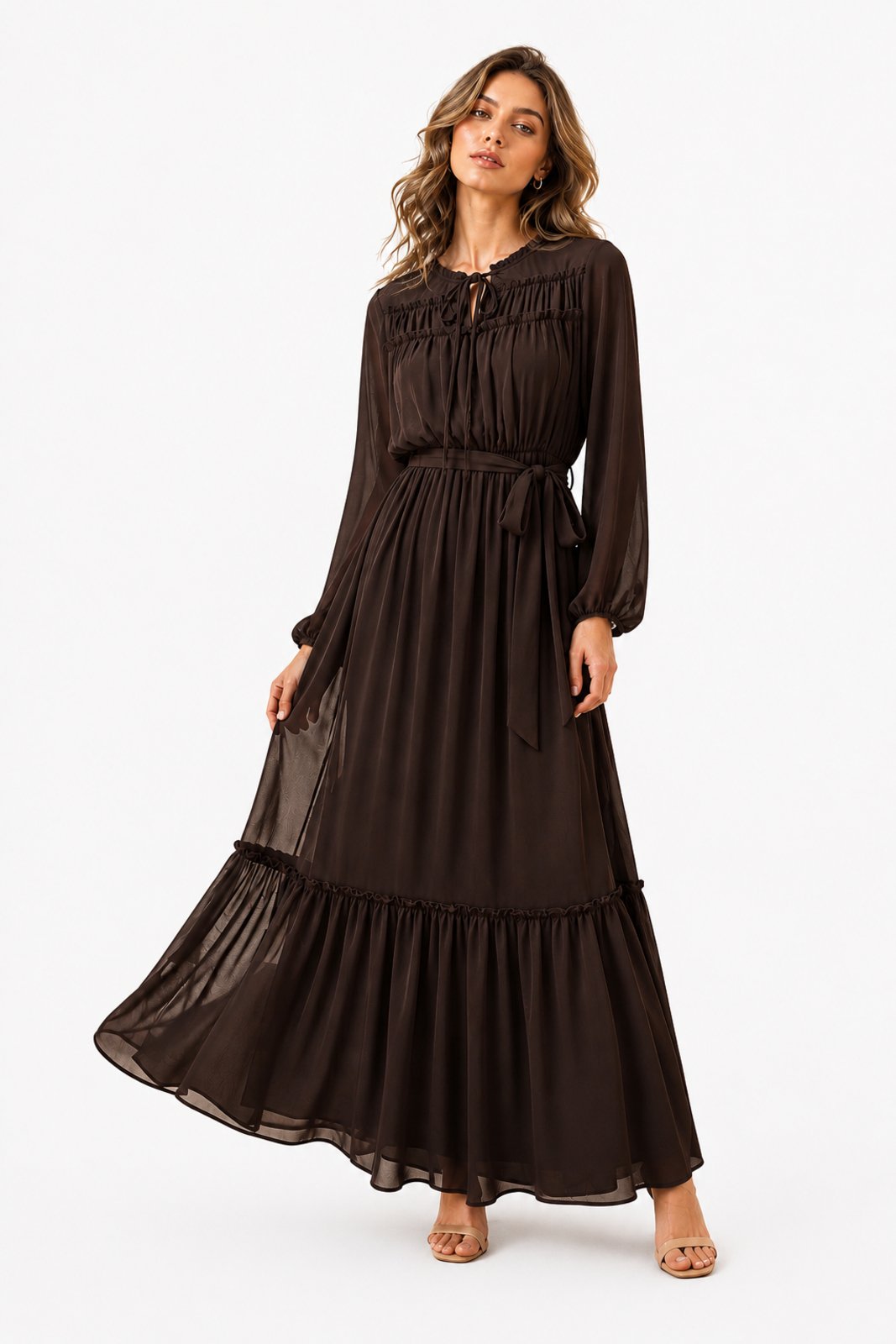 Vestido Longo D Bell Outlet Fashion Chiffon Boho Chic Marrom