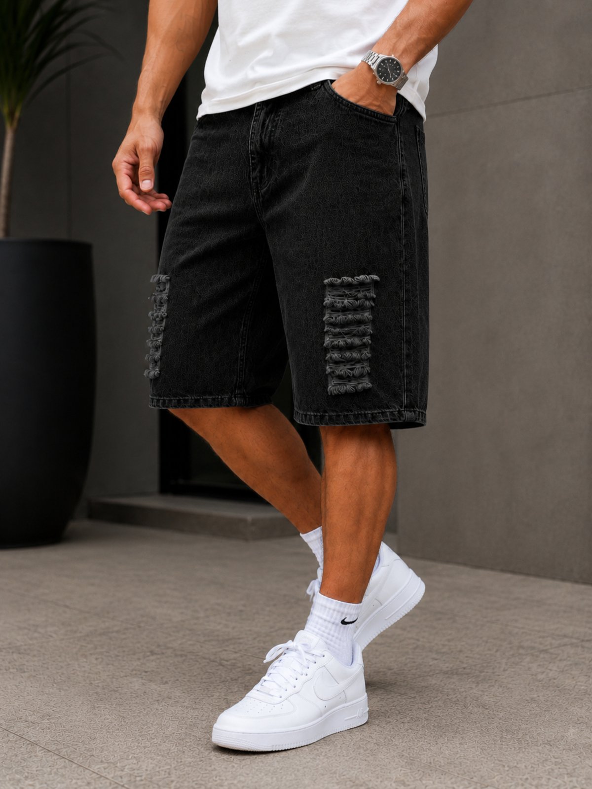 Bermuda Balão Jeans Destroyed Masculina Alpha Street Wear Casual Confortável Básica Preta